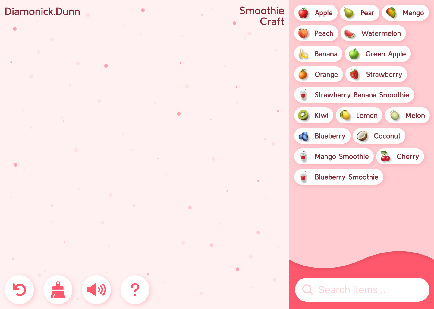 Smoothie Craft Mockup 2

This mockup contains the following UI elements below:
• Project Name
• UI Designer Name
• Interactive Buttons
• Fruit Tags (Side Panel)
• Search Bar