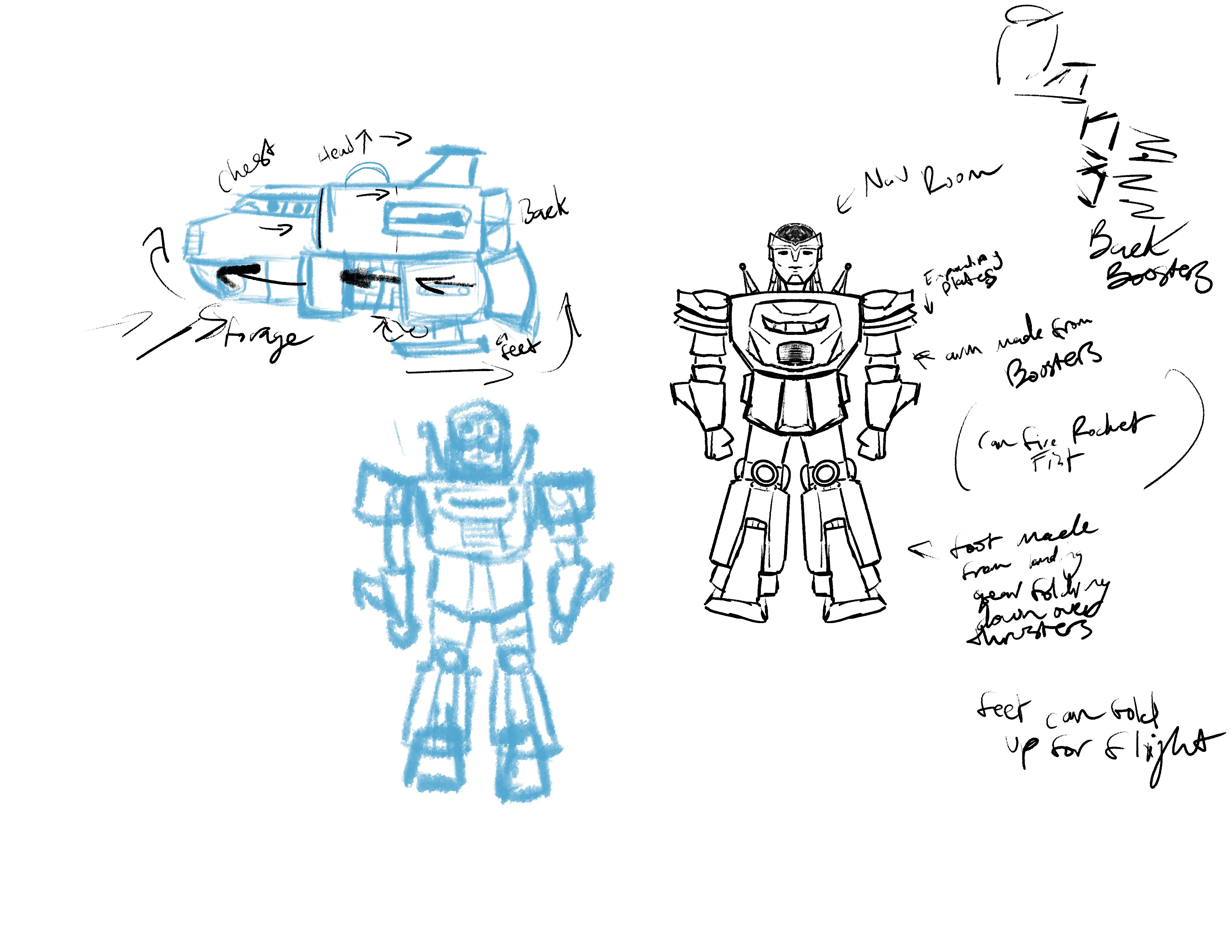 This is the first drawing I made for this ship. The top left shows an iteration of the ship with the external modules attached. Then the first version of the robot. 