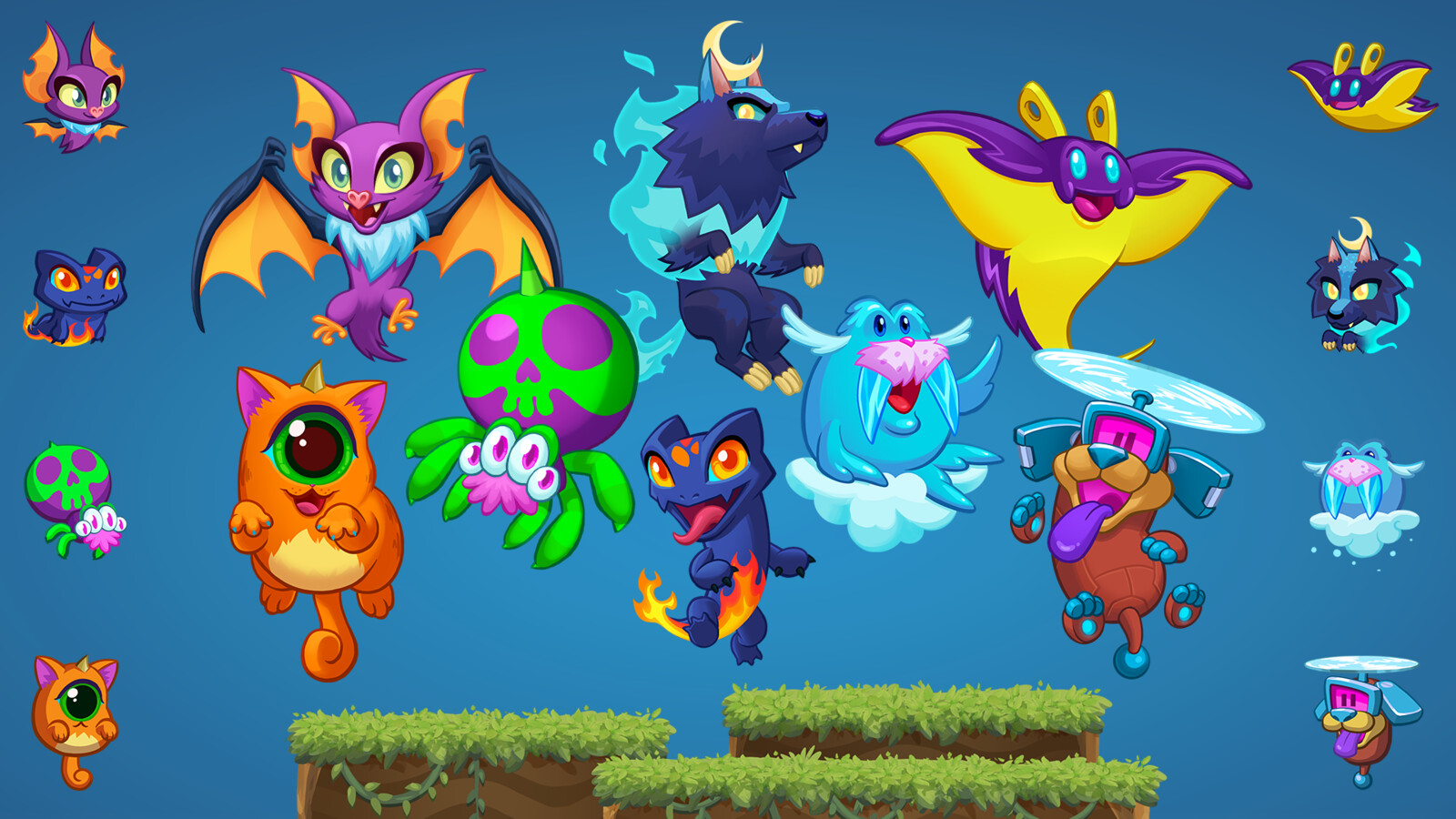 The 8 pets I created for Mr Autofire, Starlet, Celeste, Zappy, Noodle, Pickles, Bean, Lizzie and Woofie, in both their small gameplay versions and the detailed loadout full glory.
