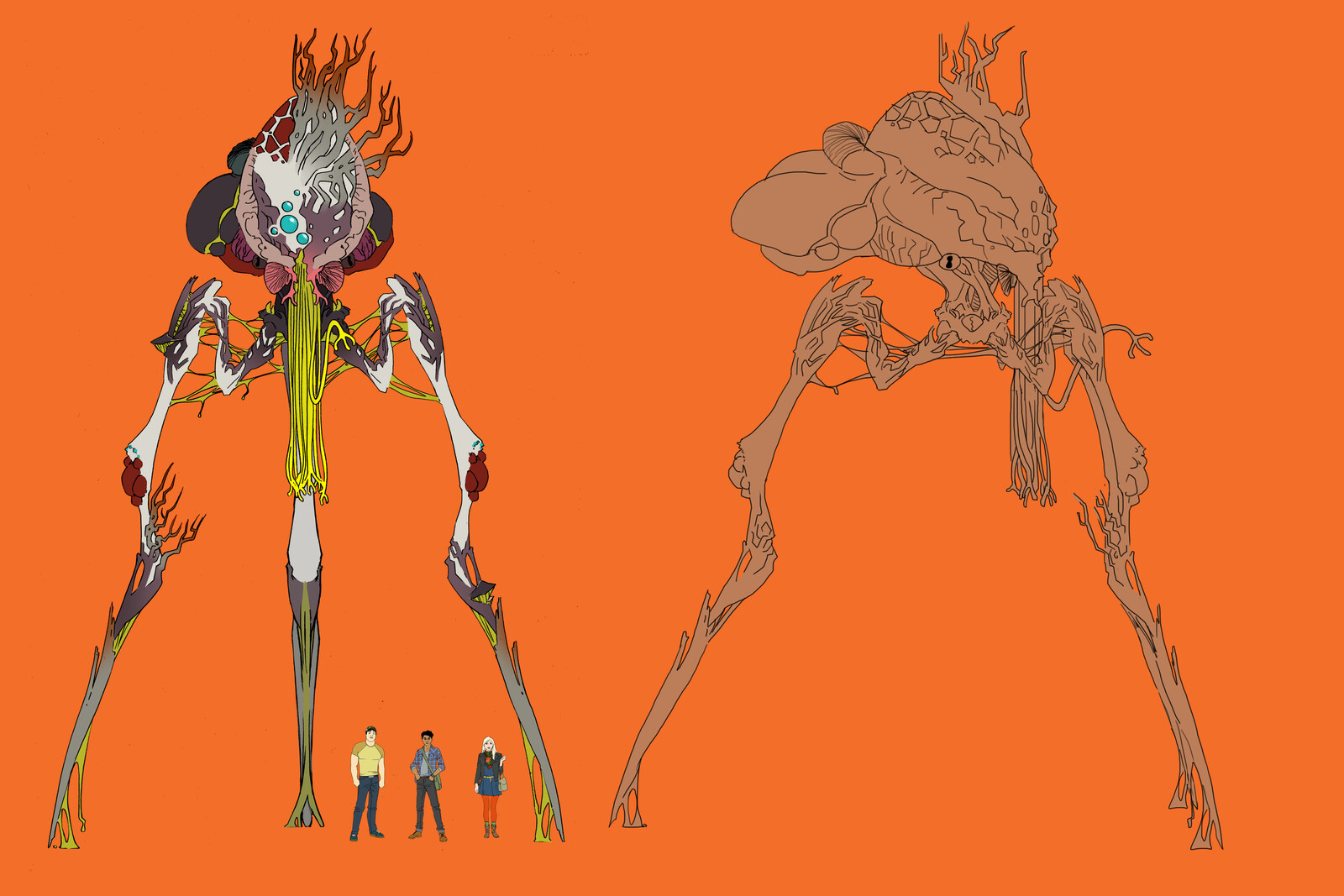 Tripod design in 2 views, with cast for scale. Based the design on various parasitic fungi.