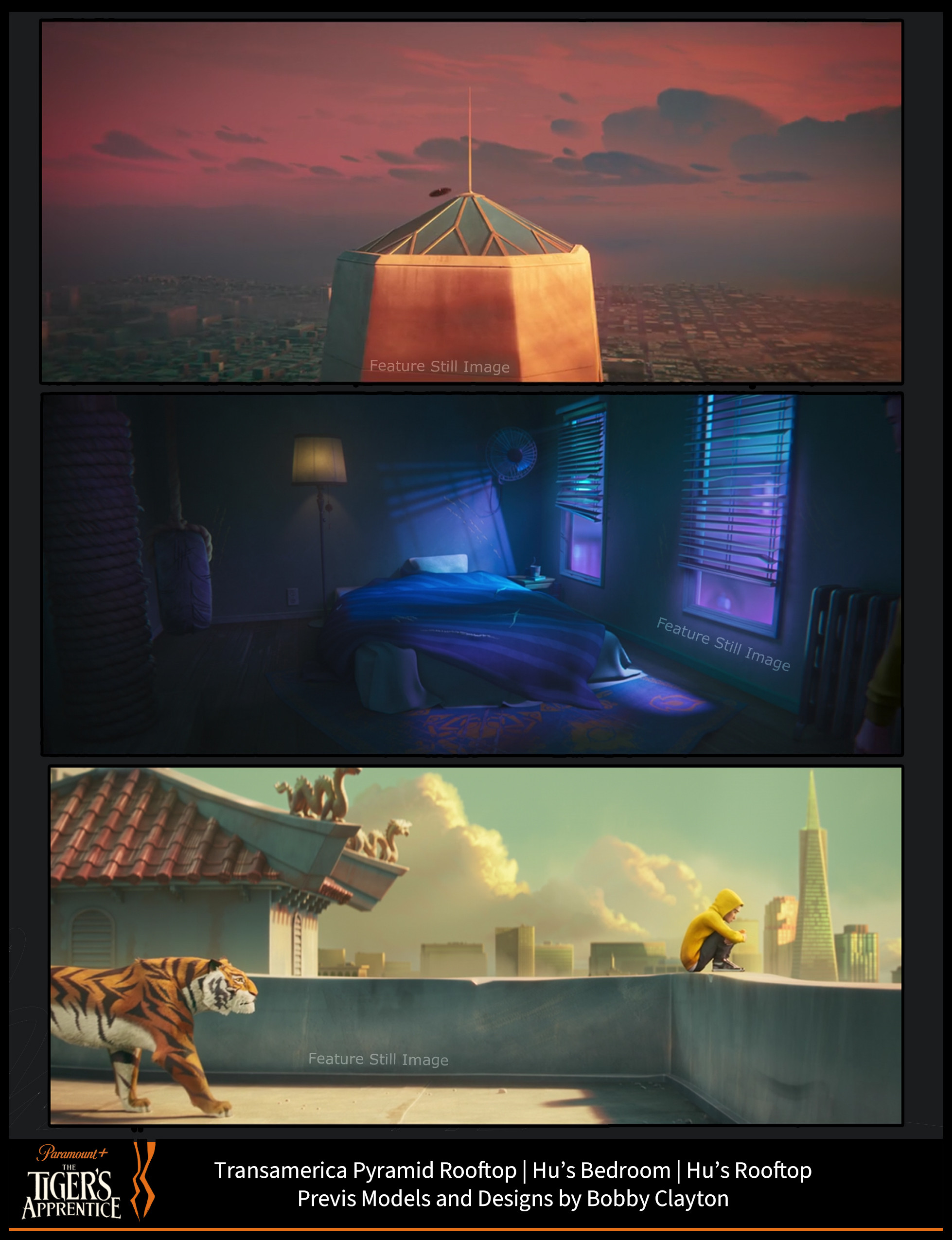 Top: Updated layout of transameric building roof for final act climax.
Mid: Hu's bedroom was a simple previs, but I was given freedom to design it as well!
Bottom: The very first scene I ever modeled for the film!