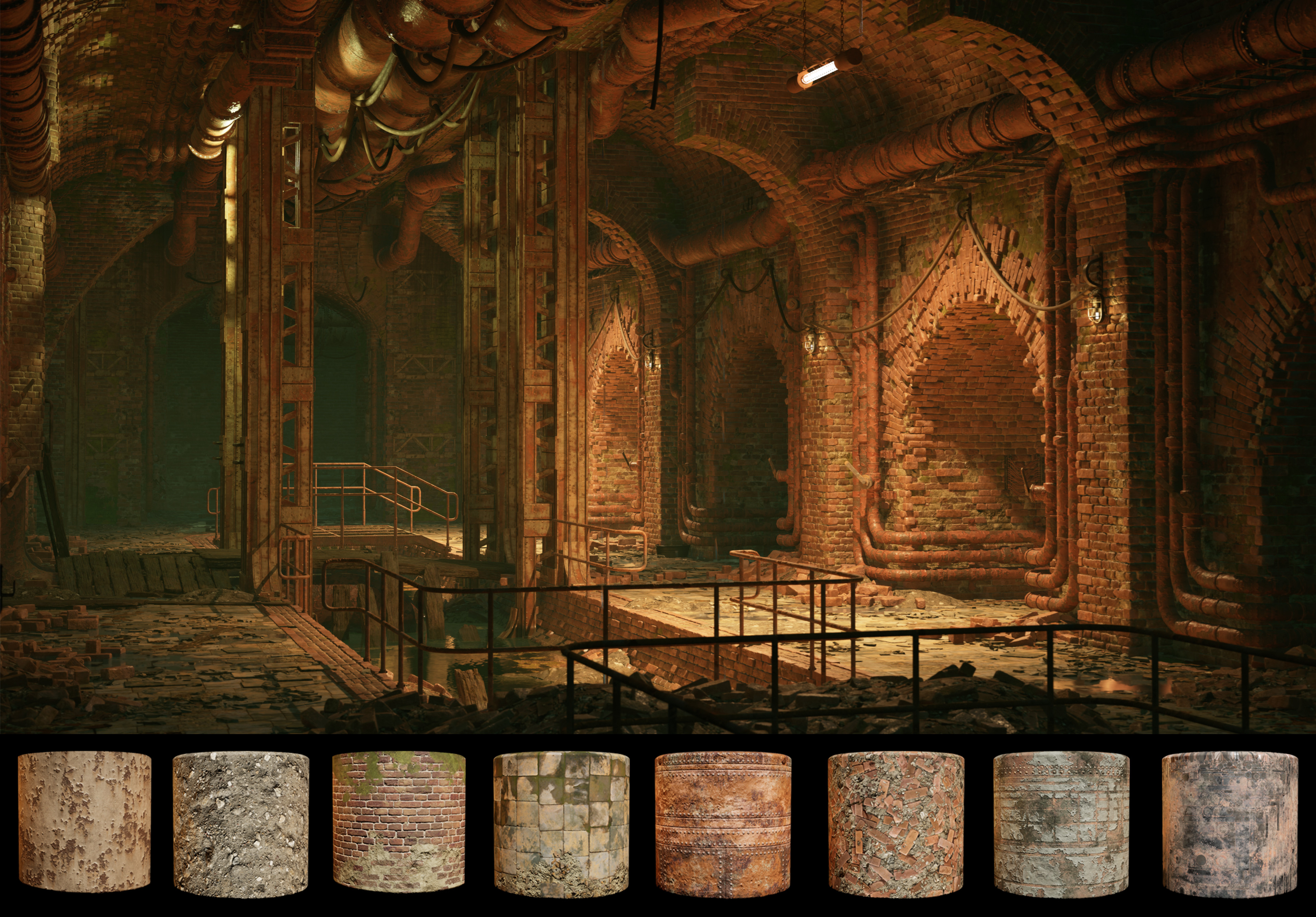 Tileables and vertex painting are the go to, with pipes and metallic sections requiring trim sheets. 