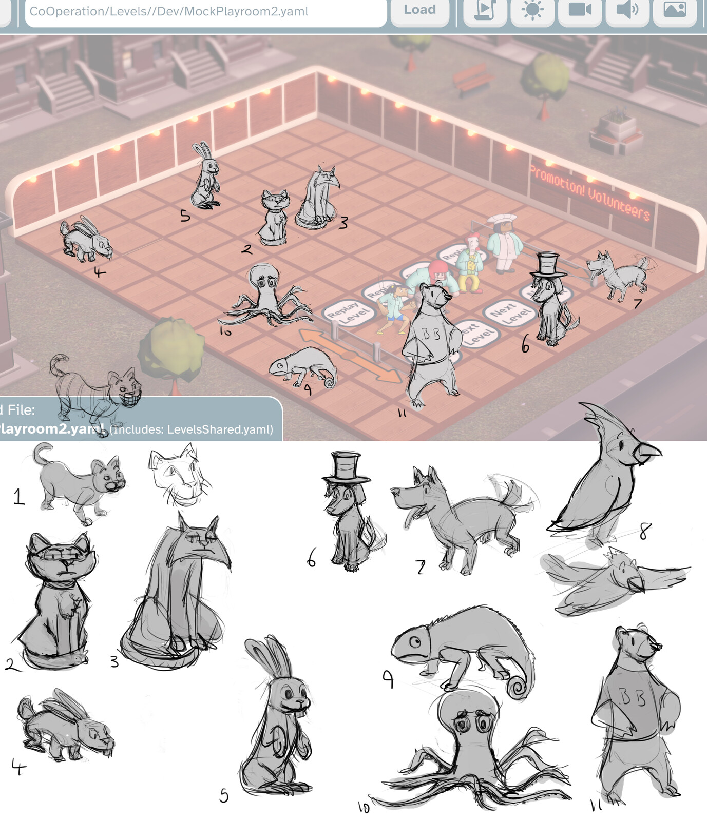 I sketched multiple ideas for pet characters and we left our Discord community to chose what pets they wanted in the game.