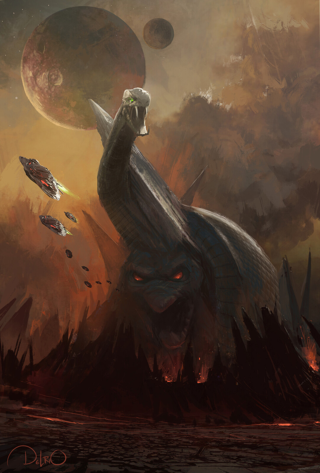 SNAKE MOUNTAIN - The idea for this one was to give a sense of the snake being alive and breaking from the fields of molten lava in the histories of old.  the evil and dark magic was cast upon it frozen into this giant mountain of Snake and rock.
