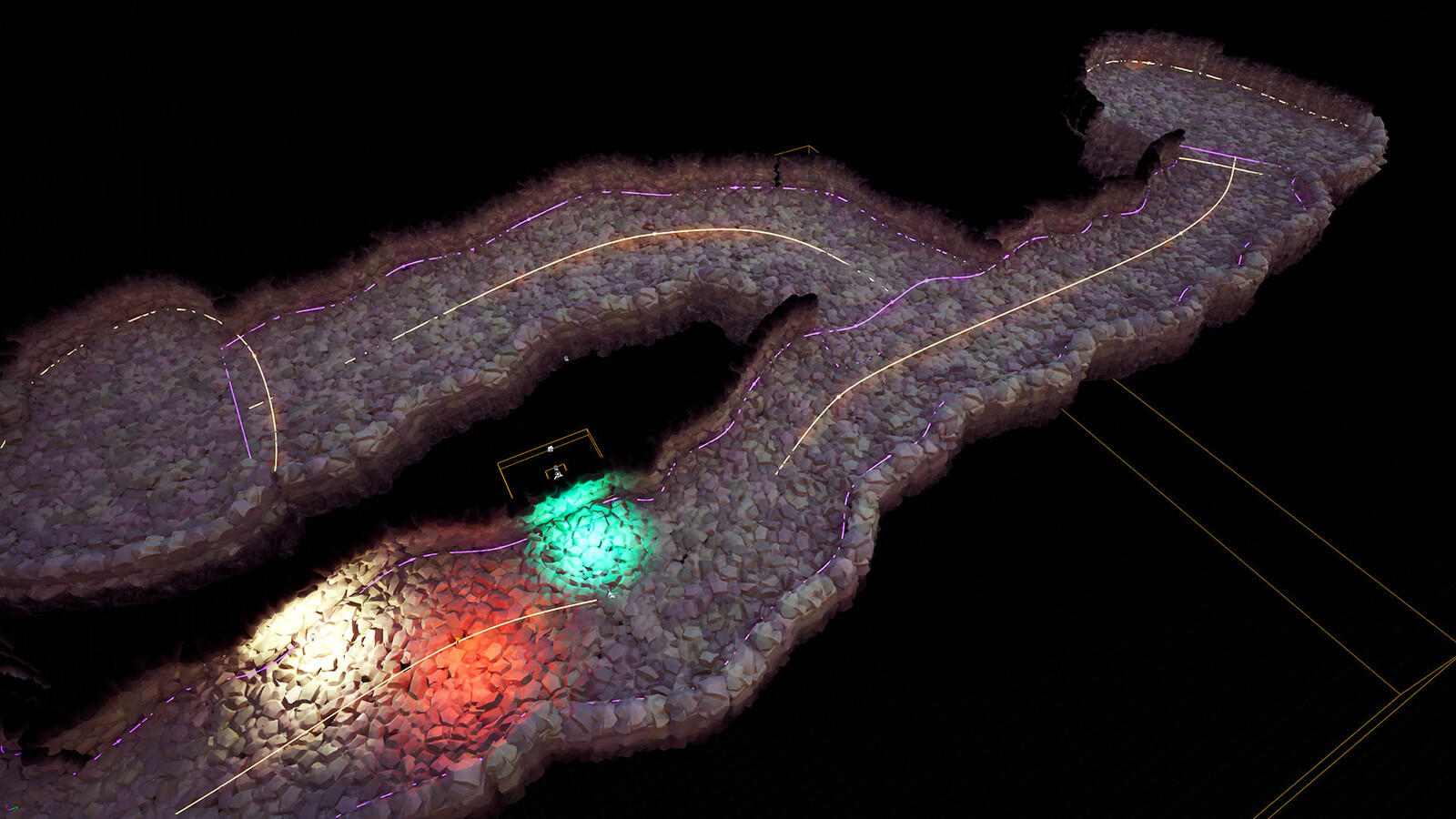 It can use open splines for the path and closed splines rooms, then combine them all