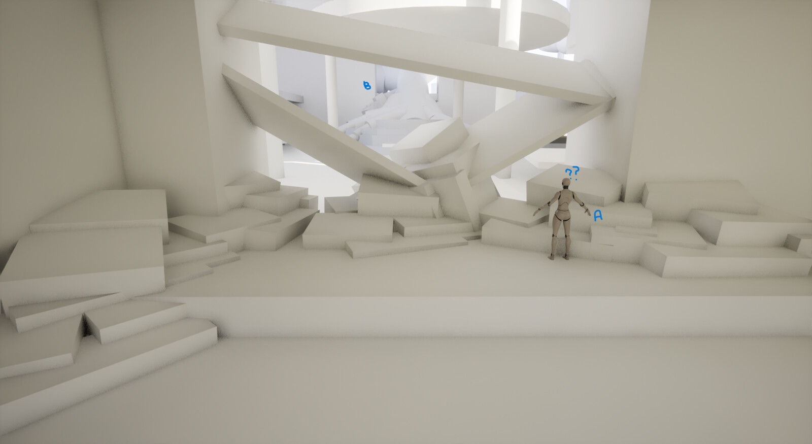 The player can see their destination but it is blocked. they will have to traverse the tower in order to get to point B