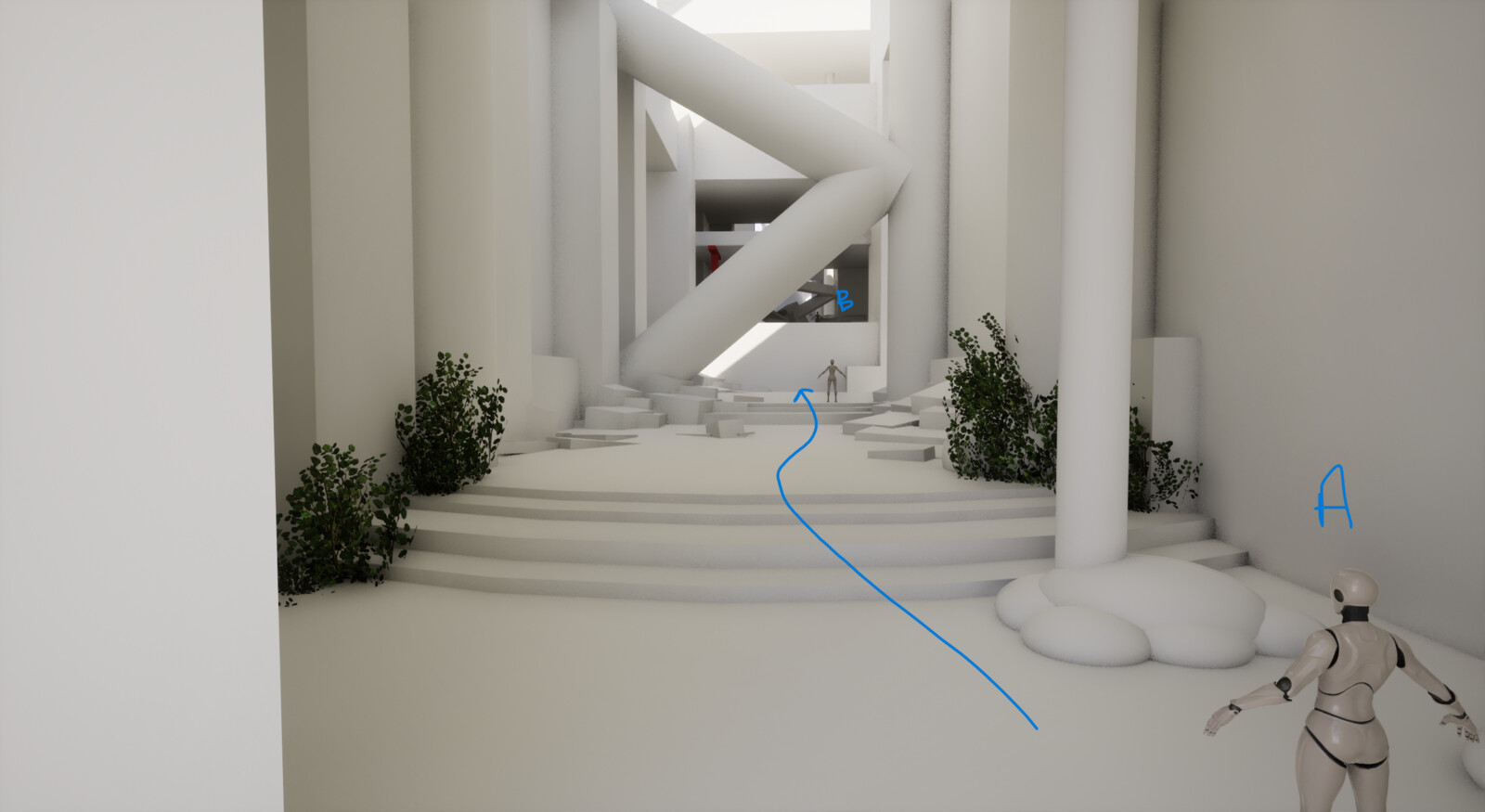 The player will see destination B when entering the space.