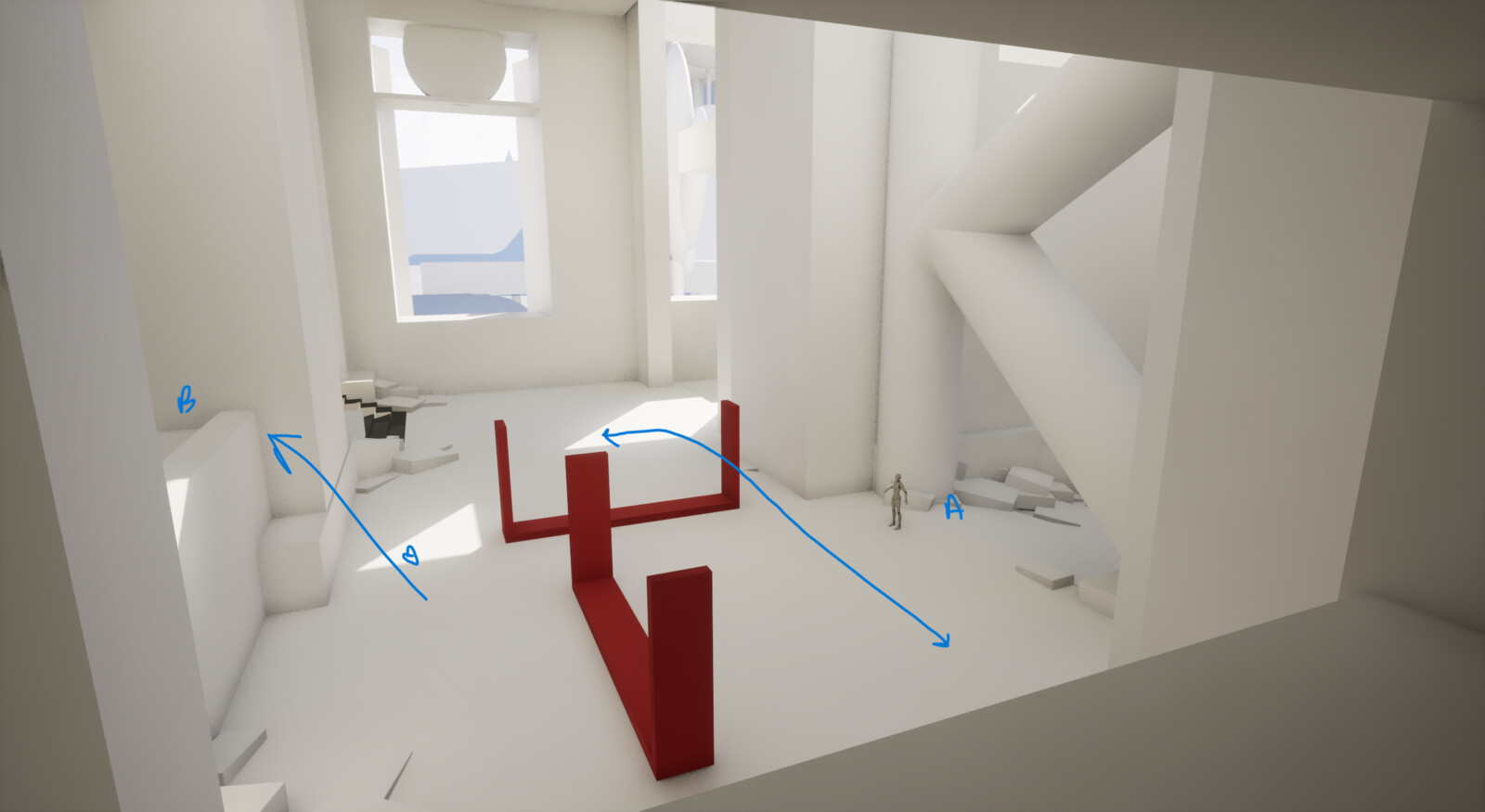 the raised platform of destination B forces the player to traverse/interact with the space