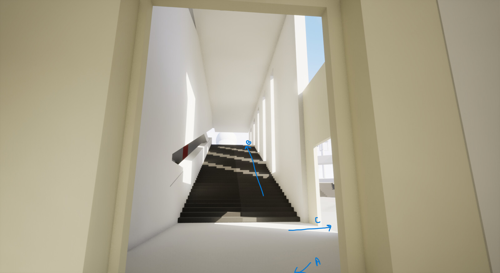 point A is where the player is coming from and point B gives a view of the room that was blocked
point C leads to the private courtyard