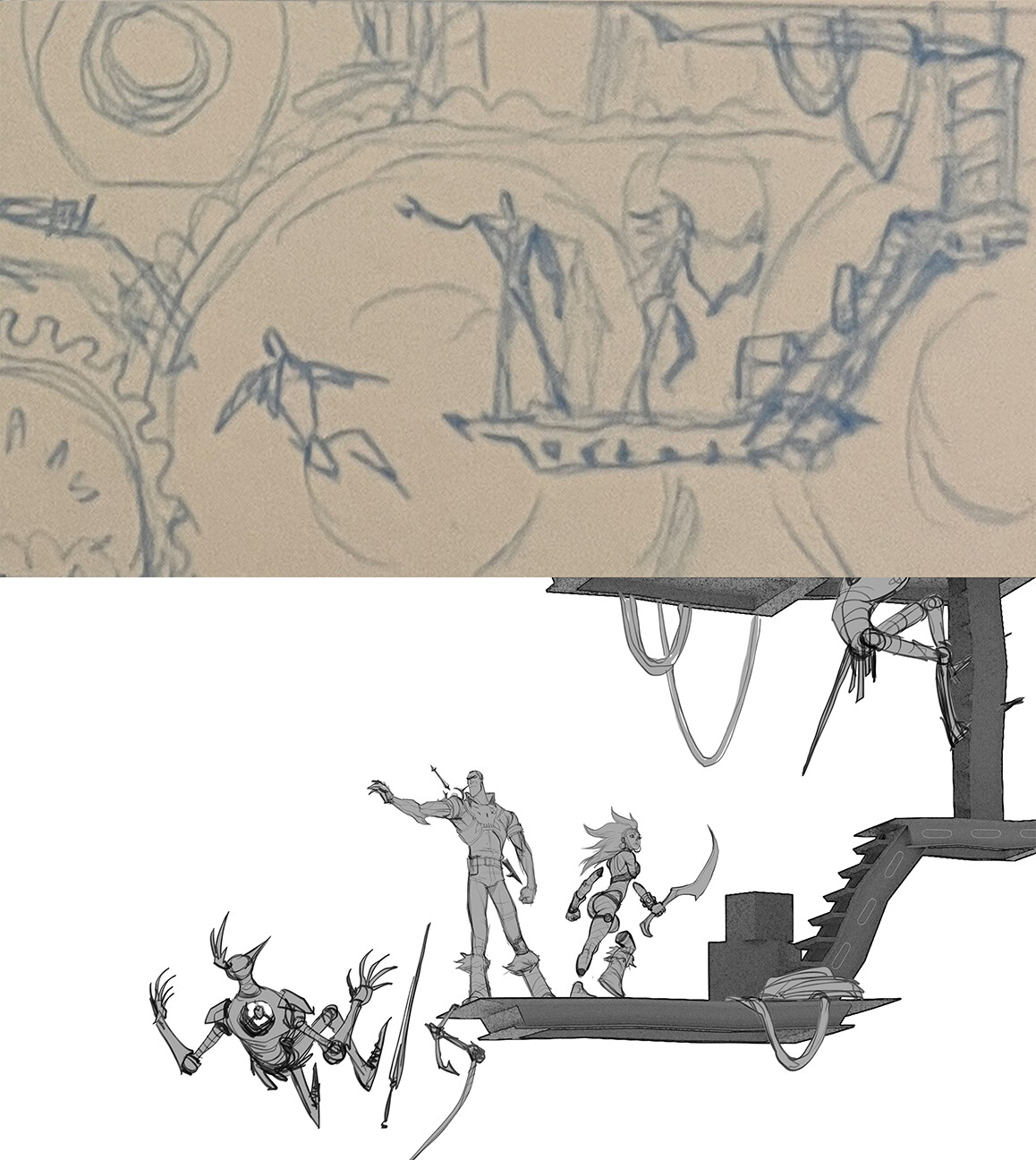 early sketches felt a little too pulled back from the figures. 