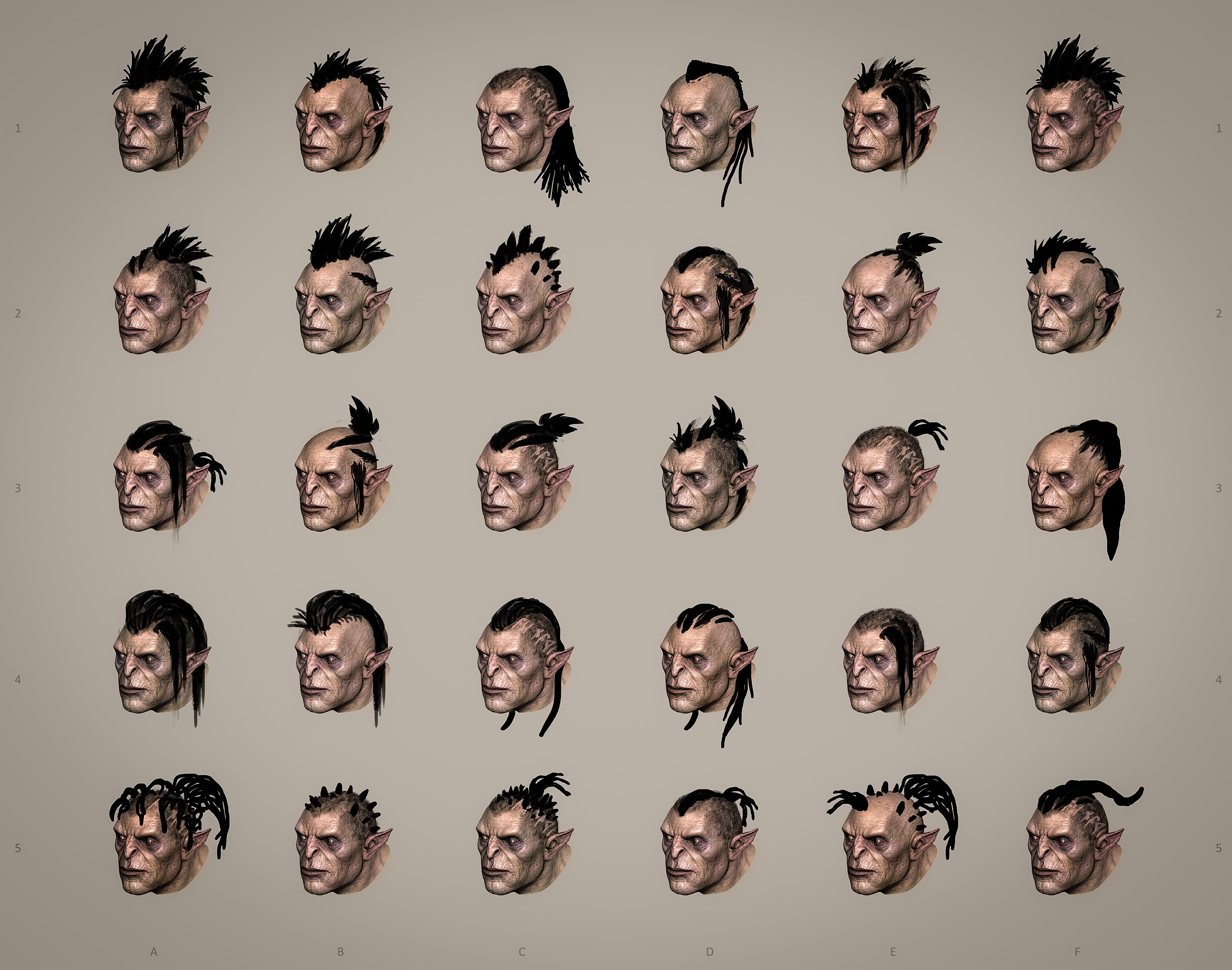 Orc Barbershop! Designs for hairstyles that could be mixed and matched to create a lot of variety.