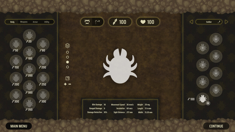 Bug creation room. On the left you can select the what parts you want to your bug to have. On the right you have the saved bug profiles which you will be able to spawn in the game. The bug parts and the bug itself is a placeholder. 