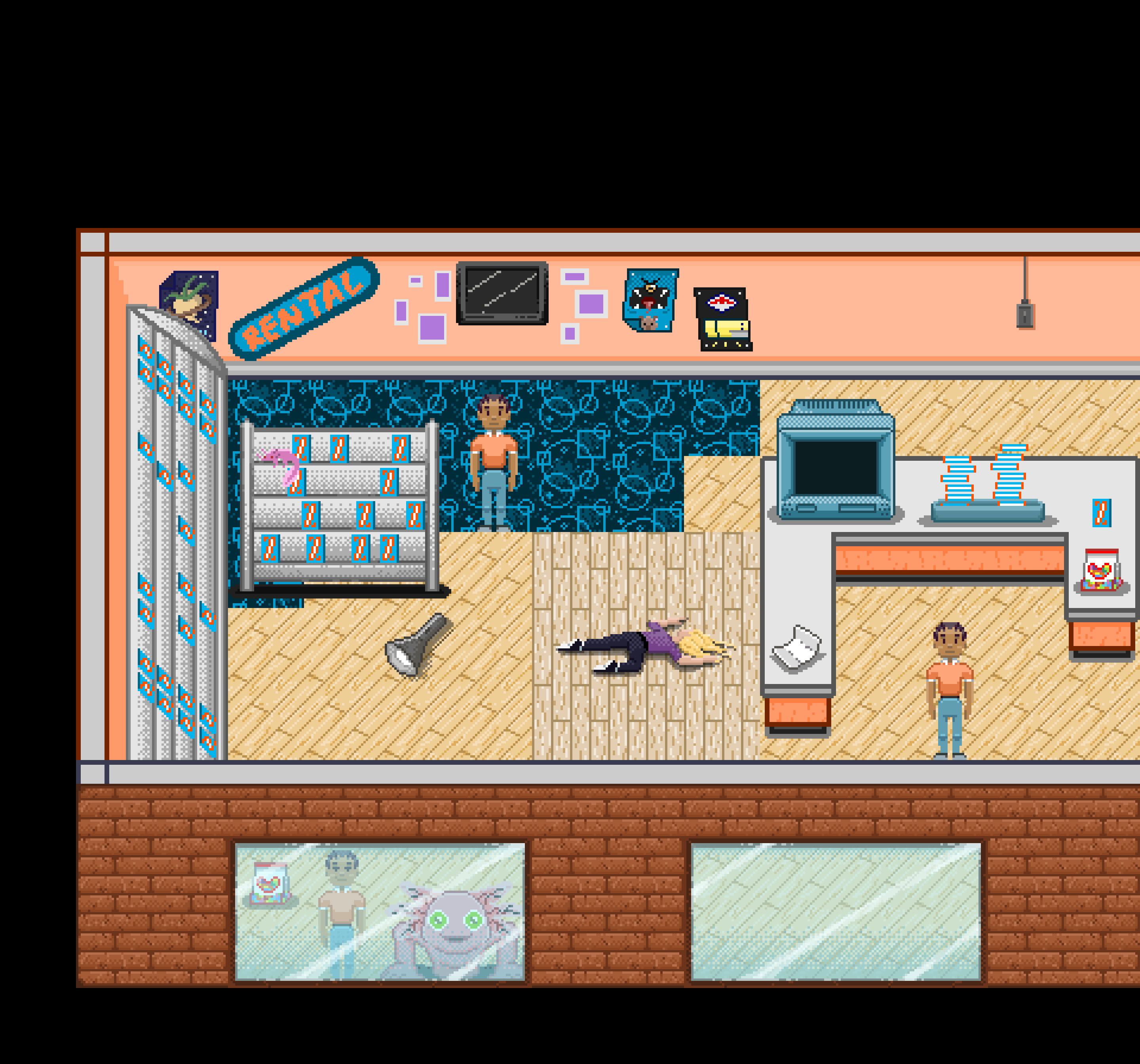 Beautiful Corner 1: Assets created for the game collected in one scene as an example of their contrast, and appearance in game. A saturated two-toned color scheme was modeled after Blockbuster stores in 80s and 90s.