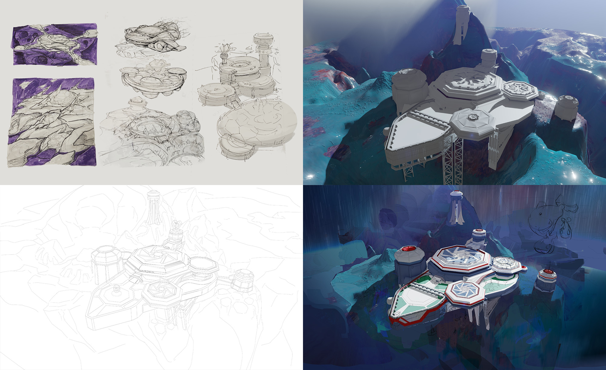 sketches, 3D mockup, lineart and progress shot