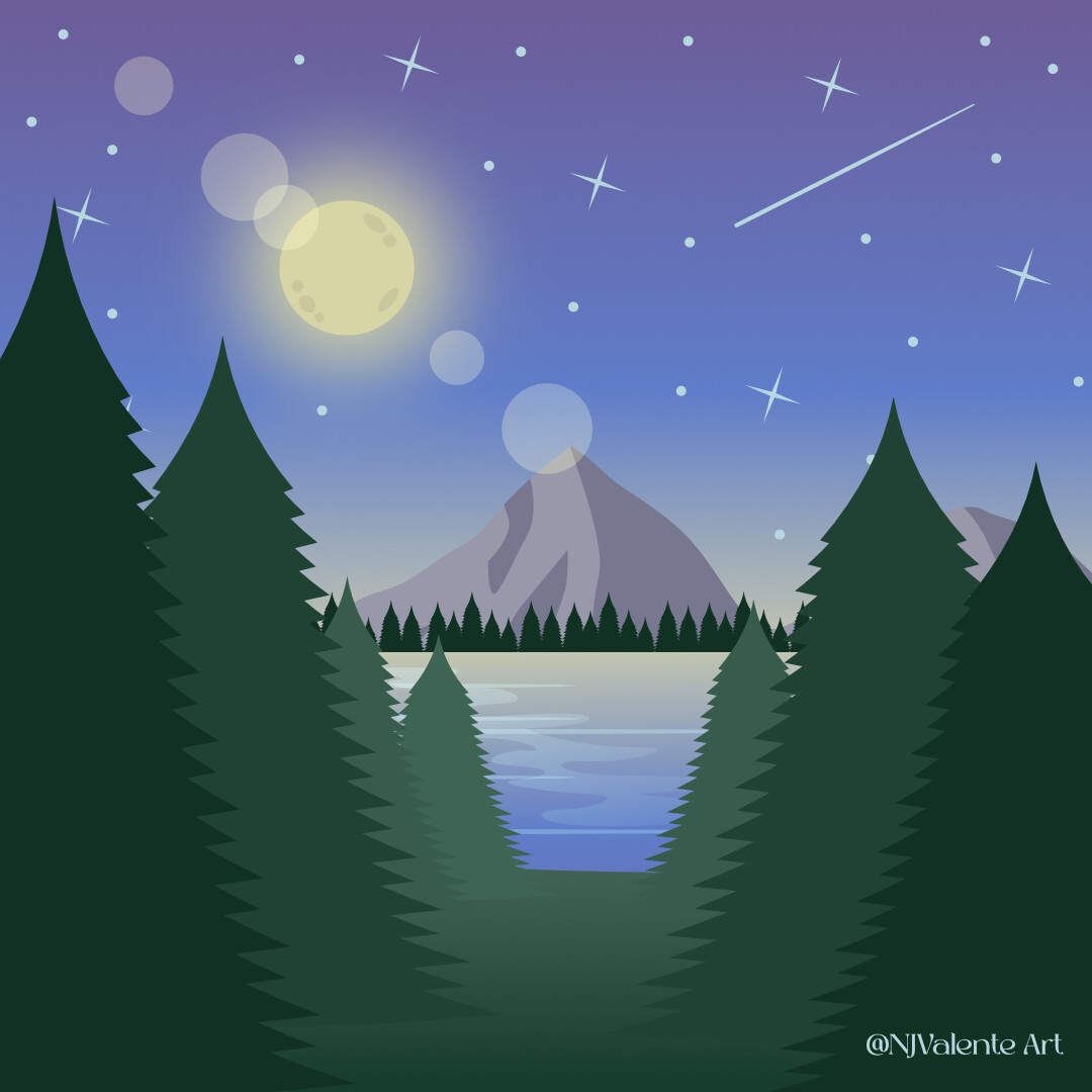 Moonlit lake vector art.