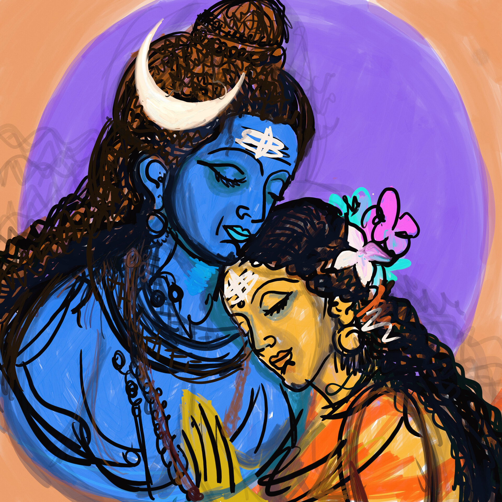 ArtStation - lord shiva and goddess parvati semi abstract figurative  painting, image size:1920x1920