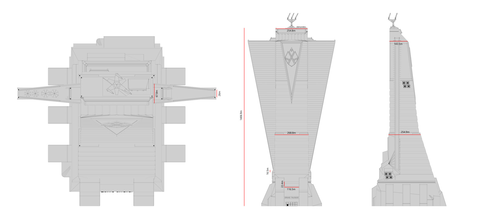Wireframe and rough measurements of the Grand Palisade