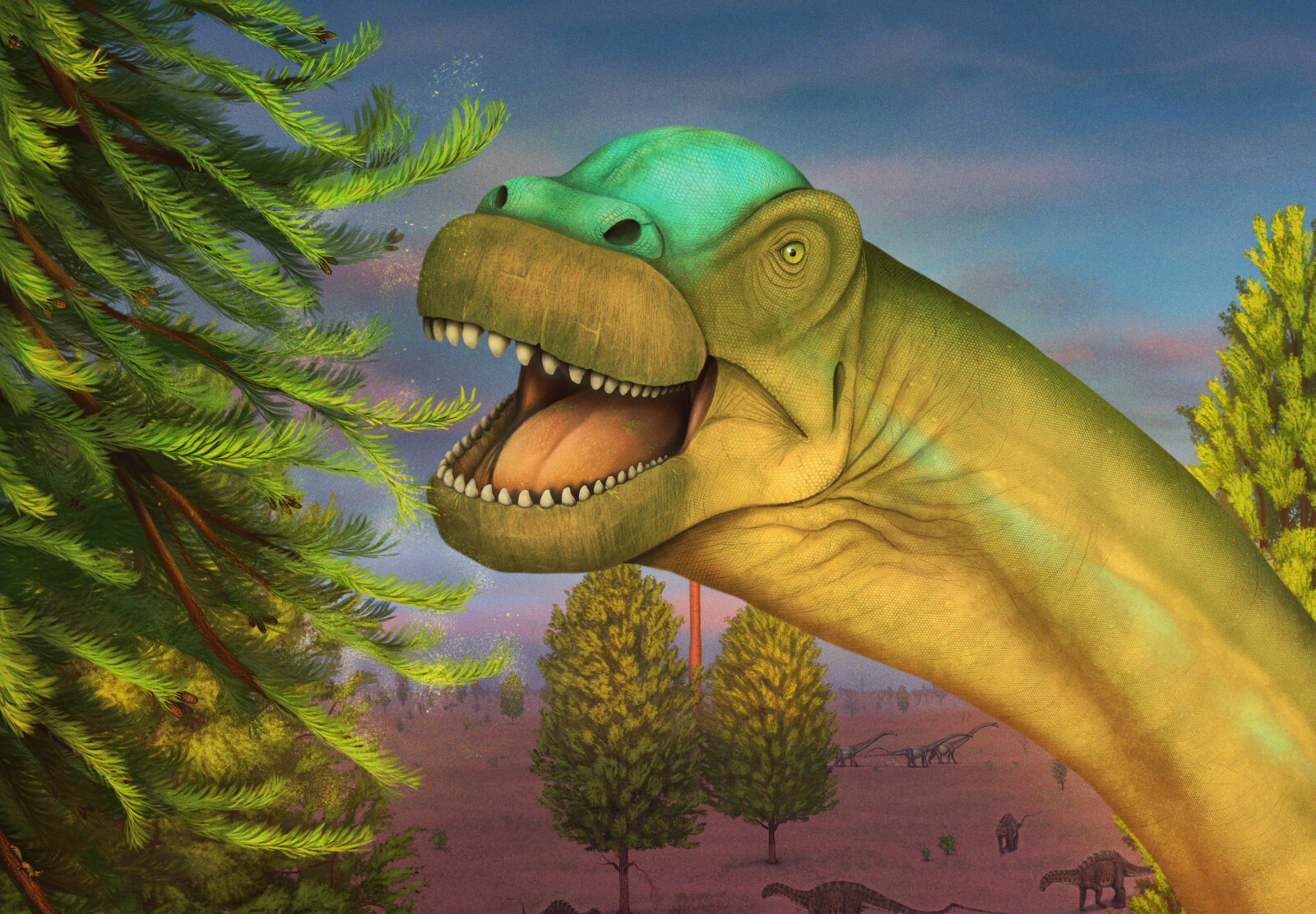 Giraffatitan feeding. A swarm of Mecoptera bugs and a Brancatherulum are seen on the tree