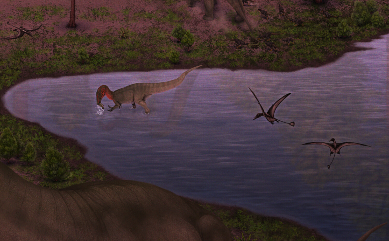 Ostafrikasaurus catches a Lepidotes. Rhamphorhynchoids fly over