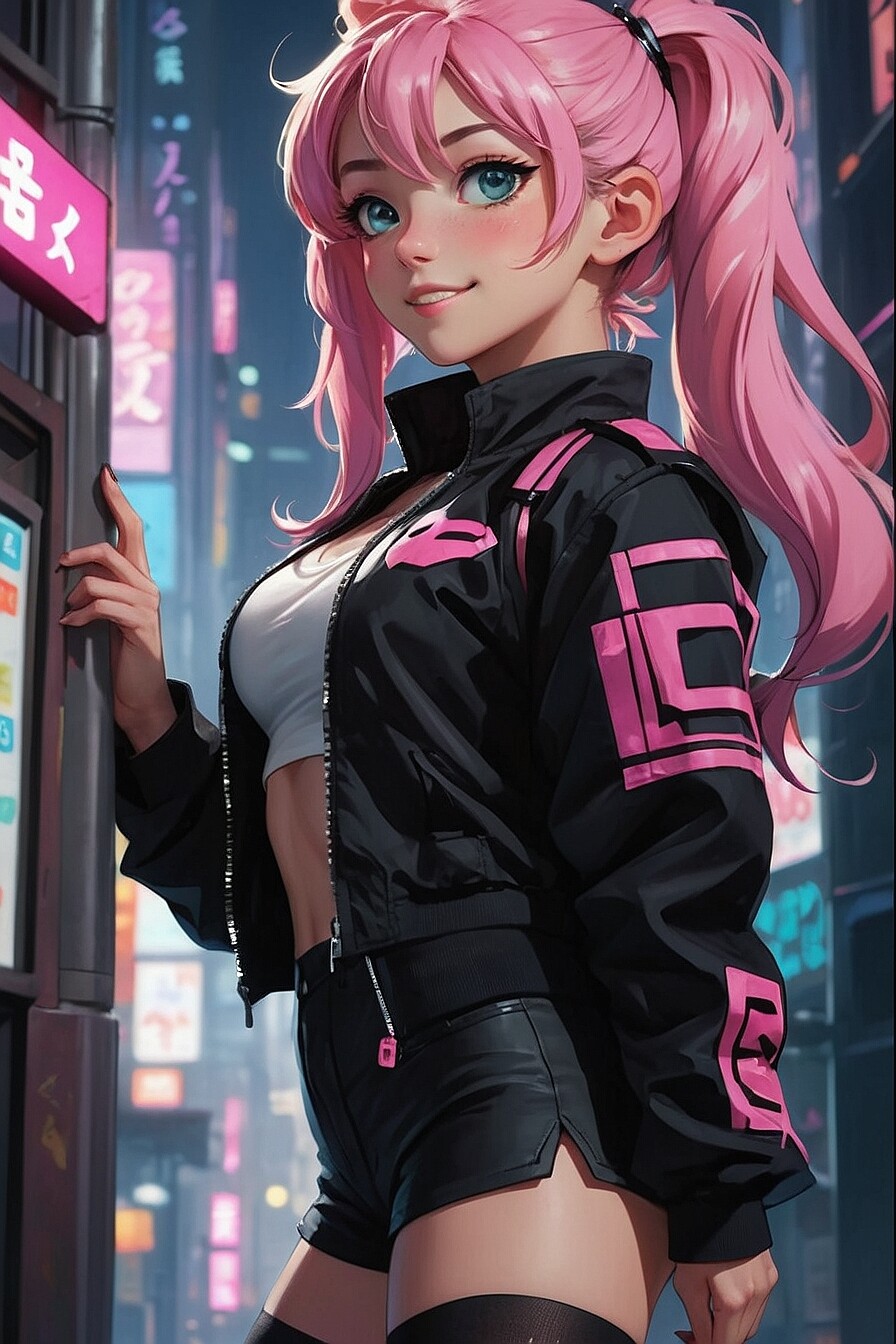 ArtStation - A beautiful Japanese anime cosplay girl with pink hair poses  in the city at night