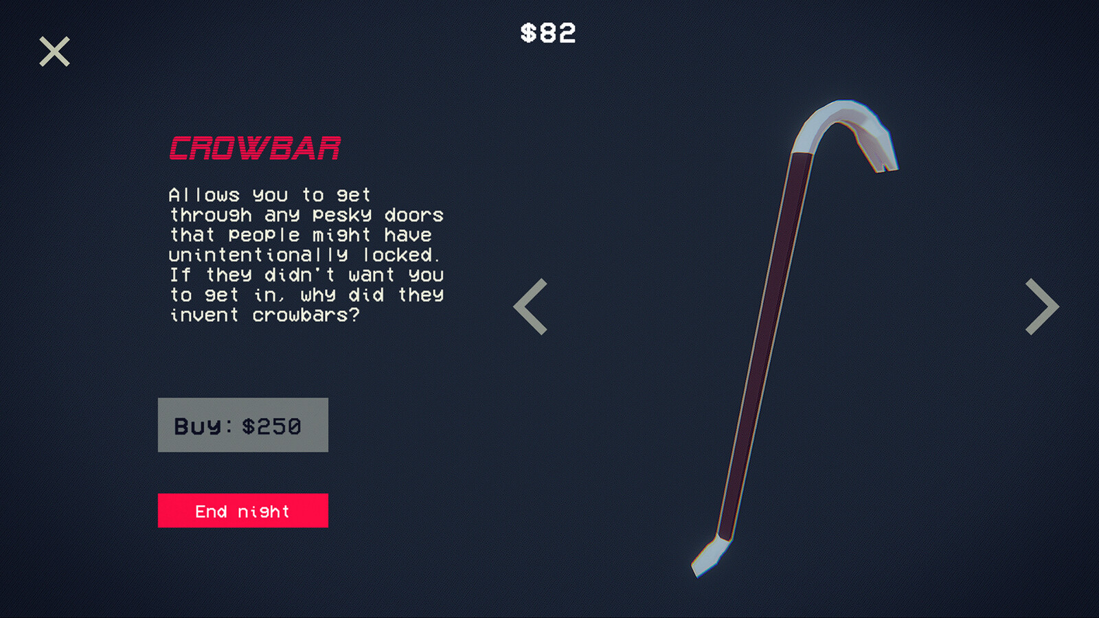 Early prototype screenshot showing item/upgrade purchasing part of the gameplay loop.