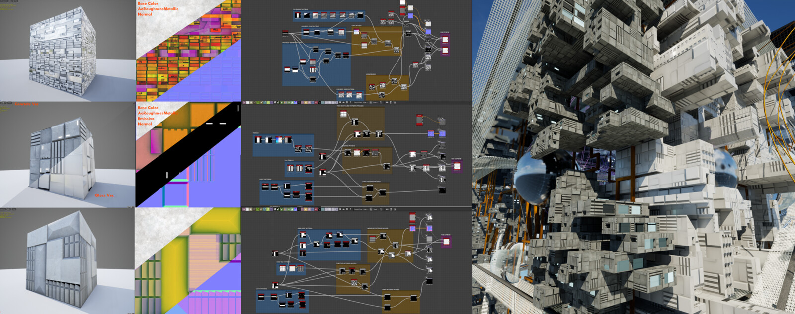 I created different sets of tillable textures in Substance 3D Designer. This is mainly due to the amount of 3D models for the 2 worlds being unmanageable for painted textures.

For optimization, I combined the texture maps into appropriate color channels.
