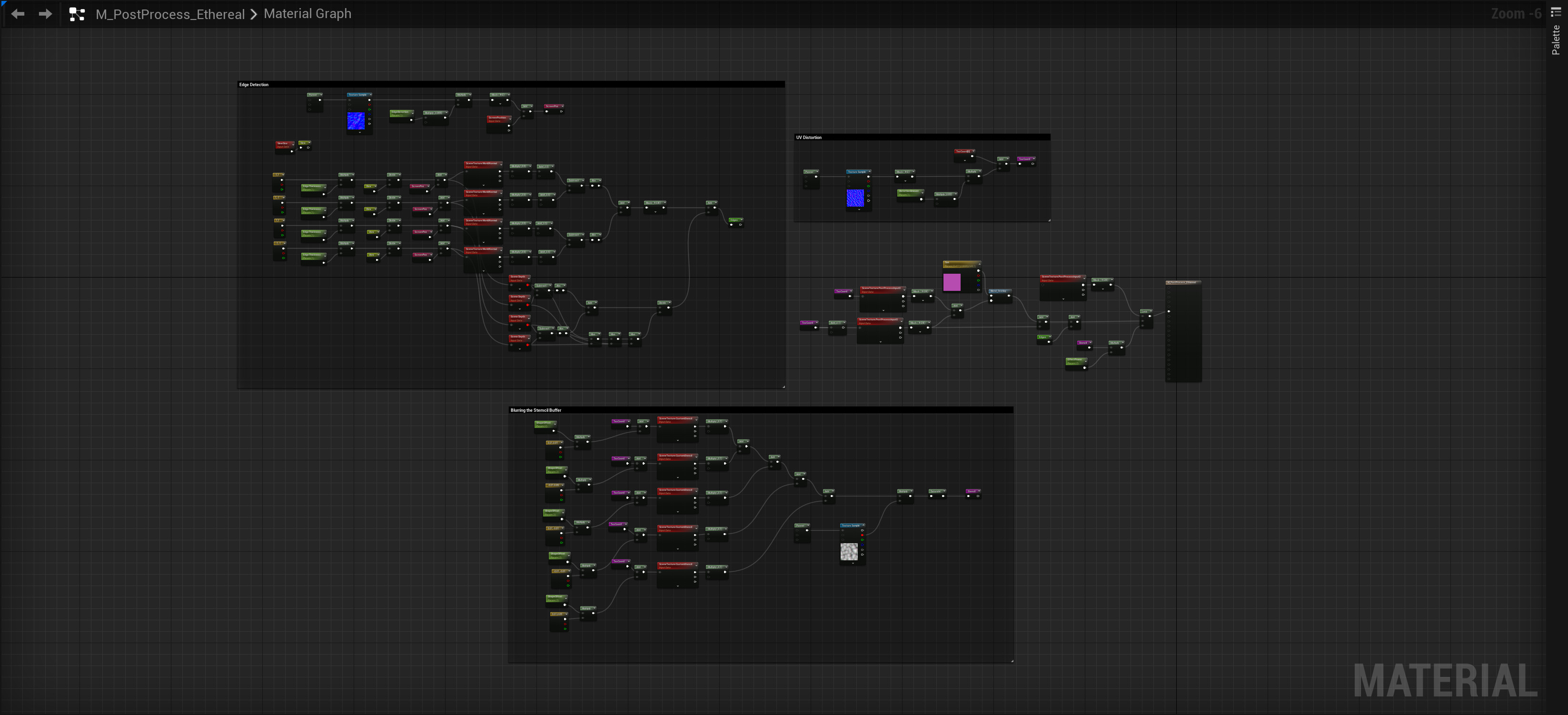 A large block of nodes is used for edge detection based on depth and normal angles, and another large block for smearing the stencil