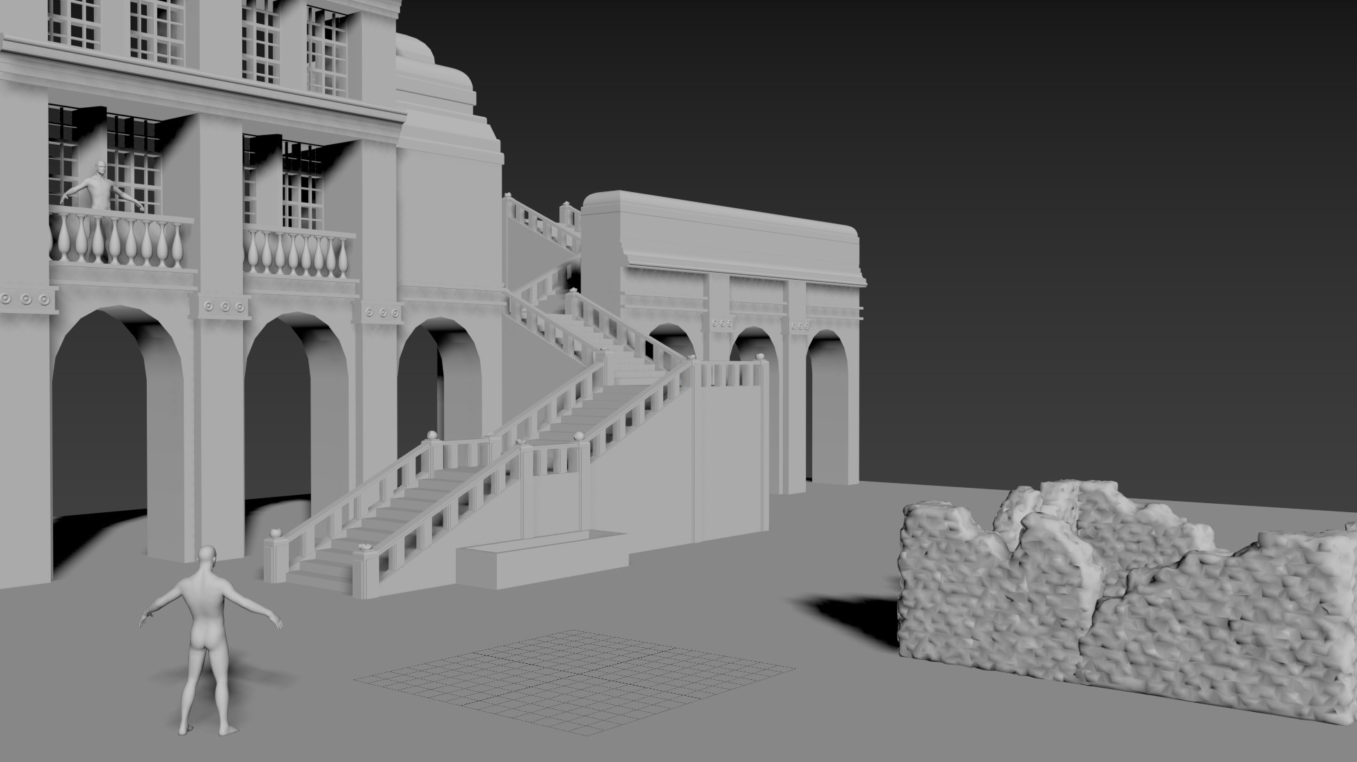Early layout of environment with base mesh for sculpting