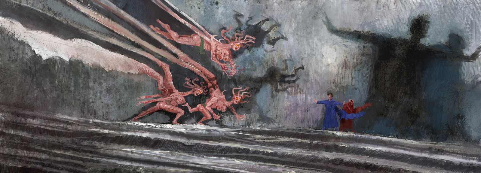 The 3 furies, Megaera, Alecto and Tisiphone charge towards D&amp;V. It is one of the few times in the entire journey, they literally fear for their lives. Virgil protects Dante and instructs him to close his eyes.