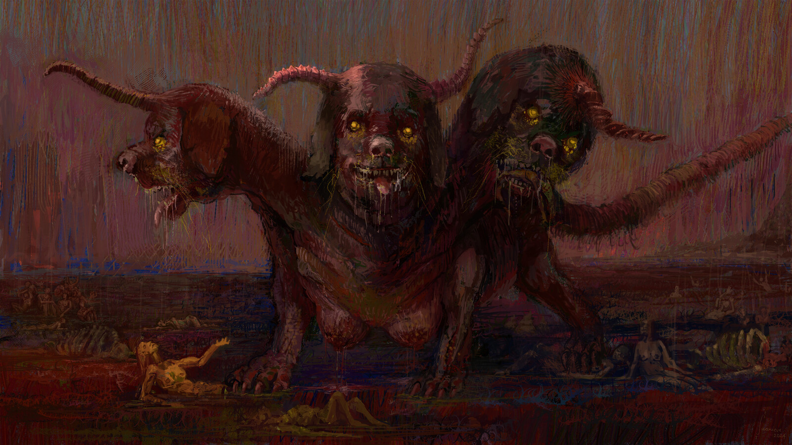 Cerberus the ravenous beast howls through triple throats as he rips souls, flays and mangles them while sitting in putrid slush