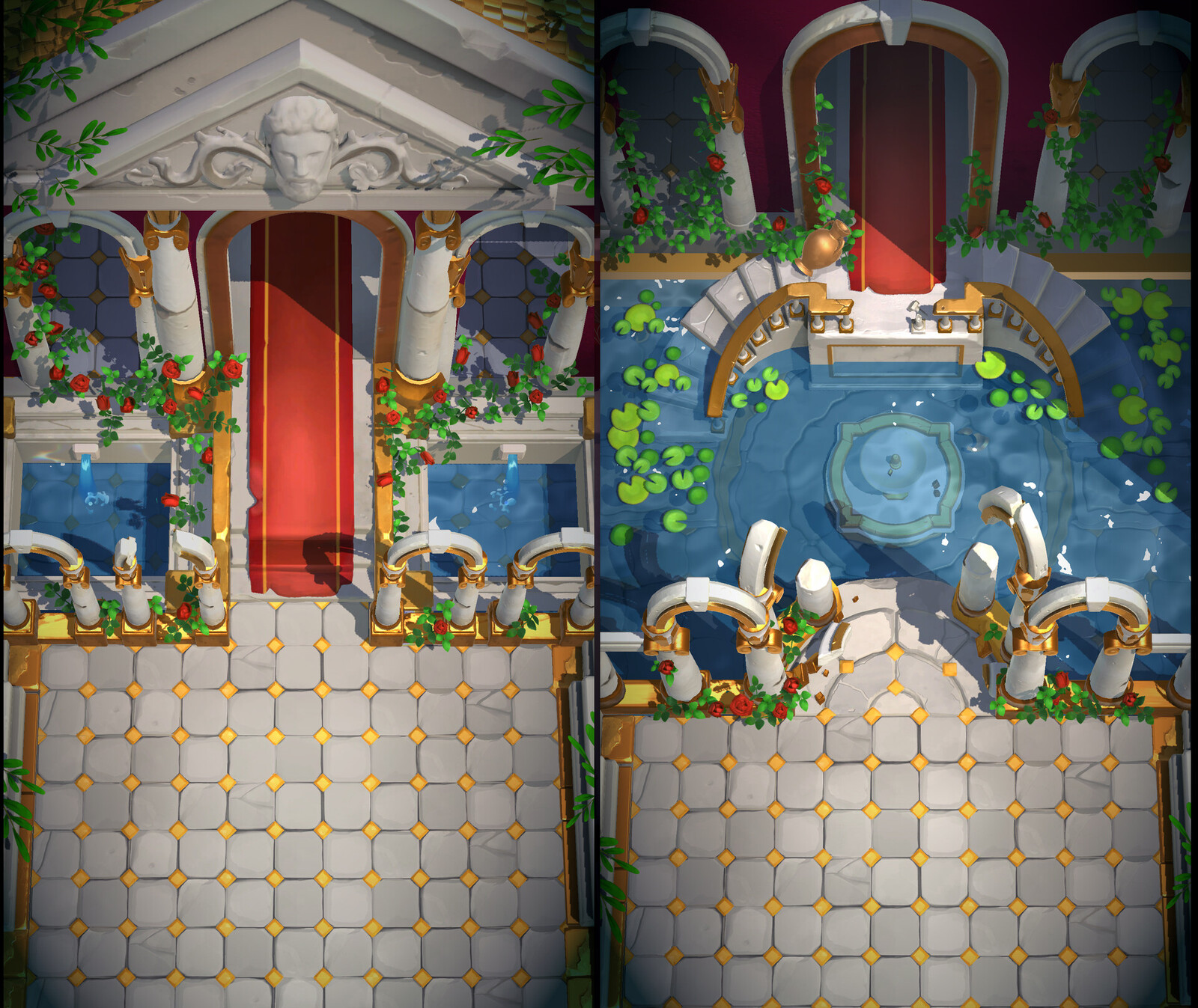 Midas: Creation of models and texturing of scenes as well as foliage including roses, lilypads, arches, pediment with face sculpture and floor.