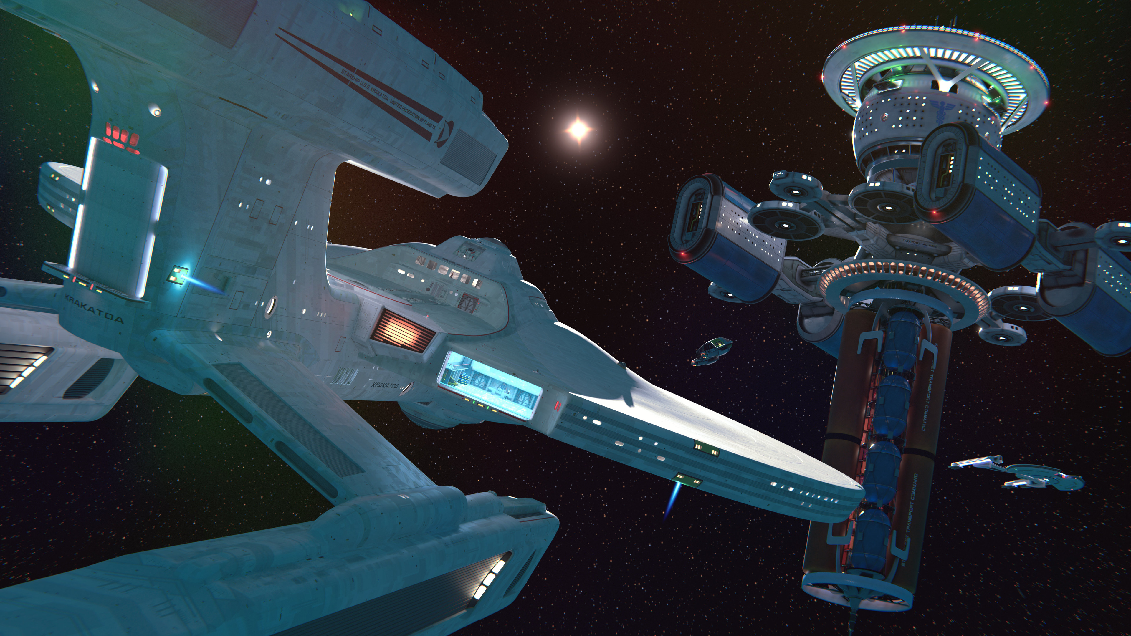 USS Krakatoa arrives at Outpost al-Razi and immediately conducts the delicate patient transfer to the station's waiting ambulance shuttle.