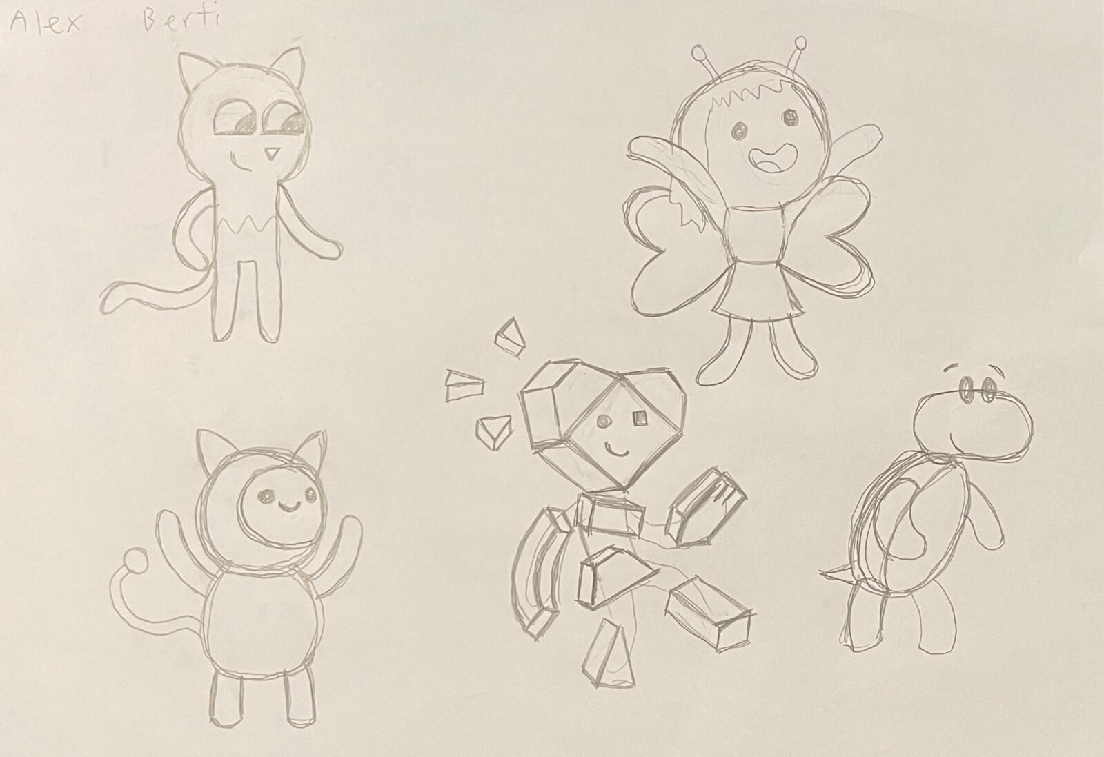 The original rough pencil sketches that I did for the main character images. Adobe photoshop was then used to convert this into the completed images.