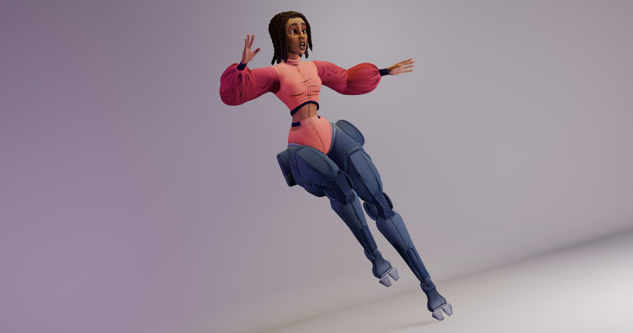 Posed Delmare to look like she is jumping out of the way to show of her legs.