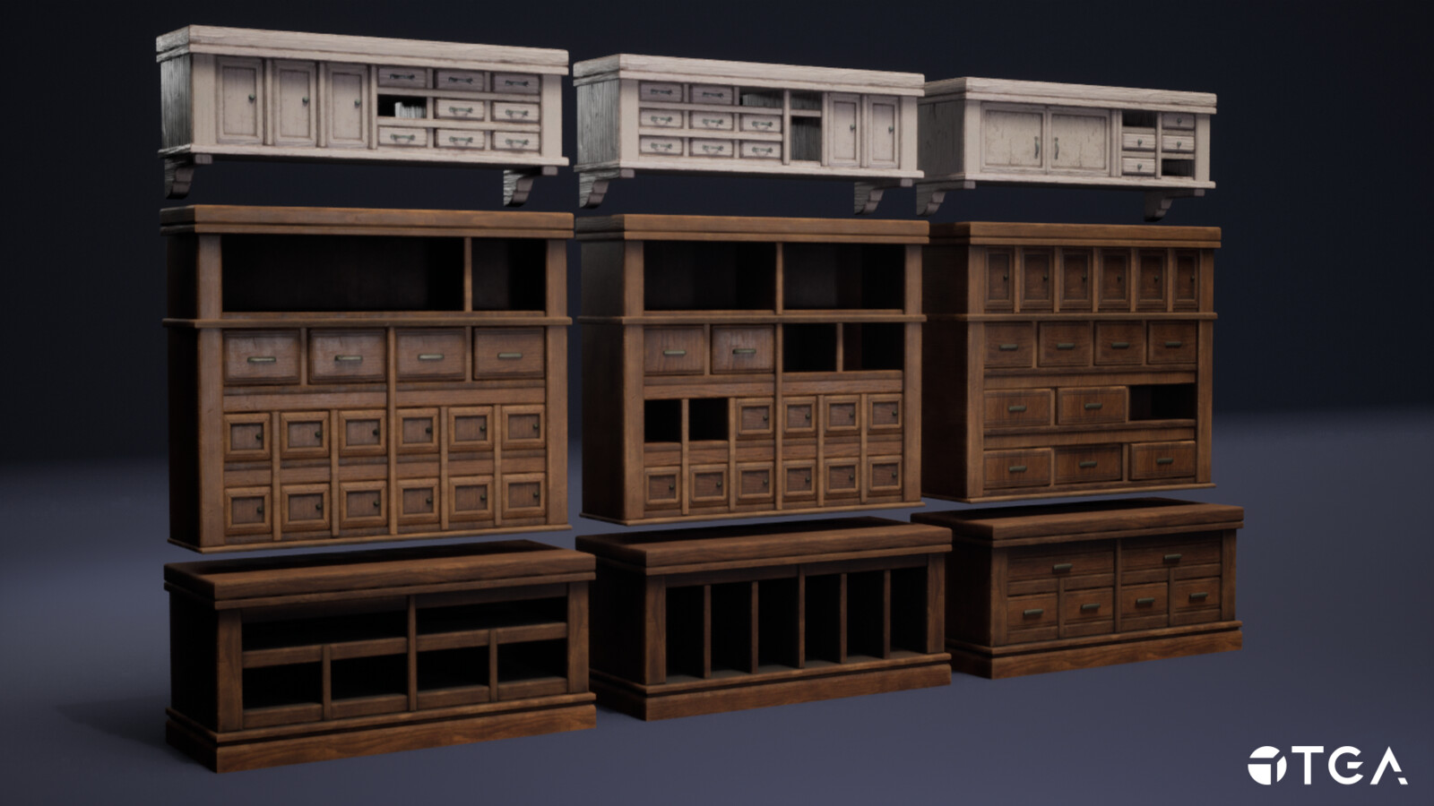 Closer look at the cabinet modules. I utilized mirrored and stacked UVs to be able to use two texture sets. I made wood smart materials for Substance Painter that the other artists used to speed up the texturing process and maintain a cohesive look.