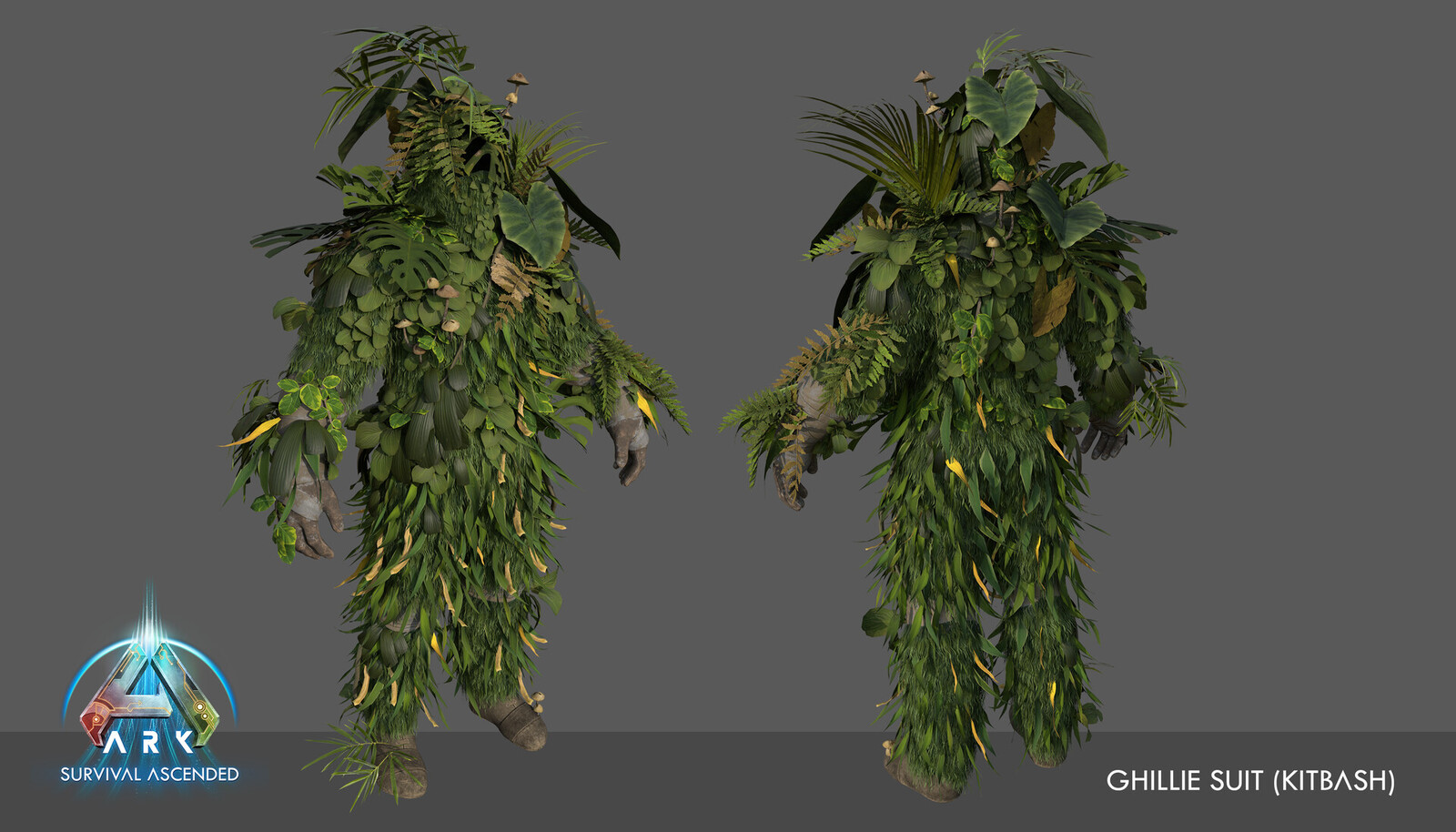 Jungle Version of the Ghillie Suit.  This went through several iterations.  I created the base suit and fur cards and the original kit bash setup.  The Kit bash evolved based off the foliage or the region.  Thanks to Tai Gordon for completing the kit bash