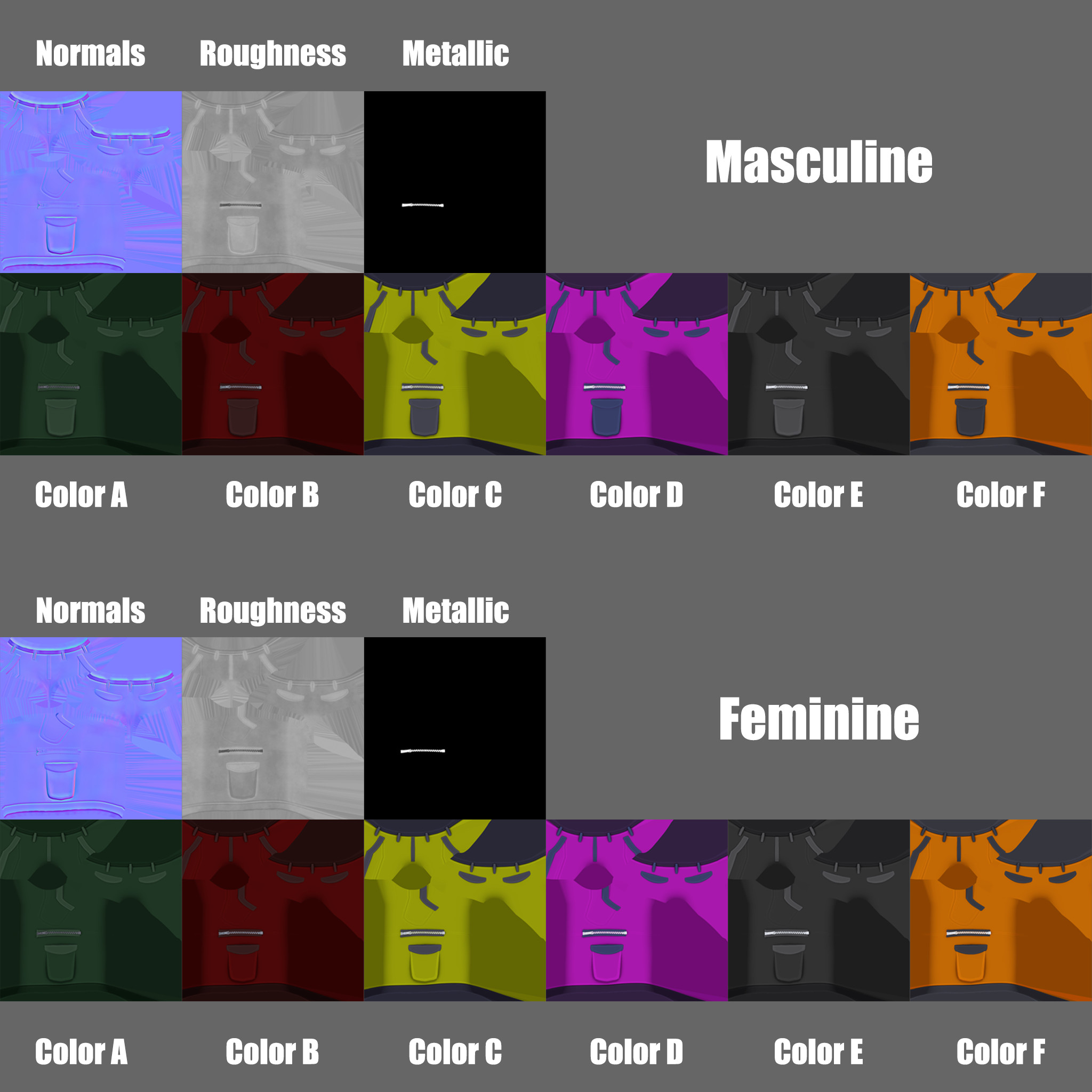Texture Breakdown Sample (Masculine and Feminine get different texture sets to account for differences in proportion. When possible, each variant uses the same Normals, Roughness, and Metallic maps, with only the Color map being changed)