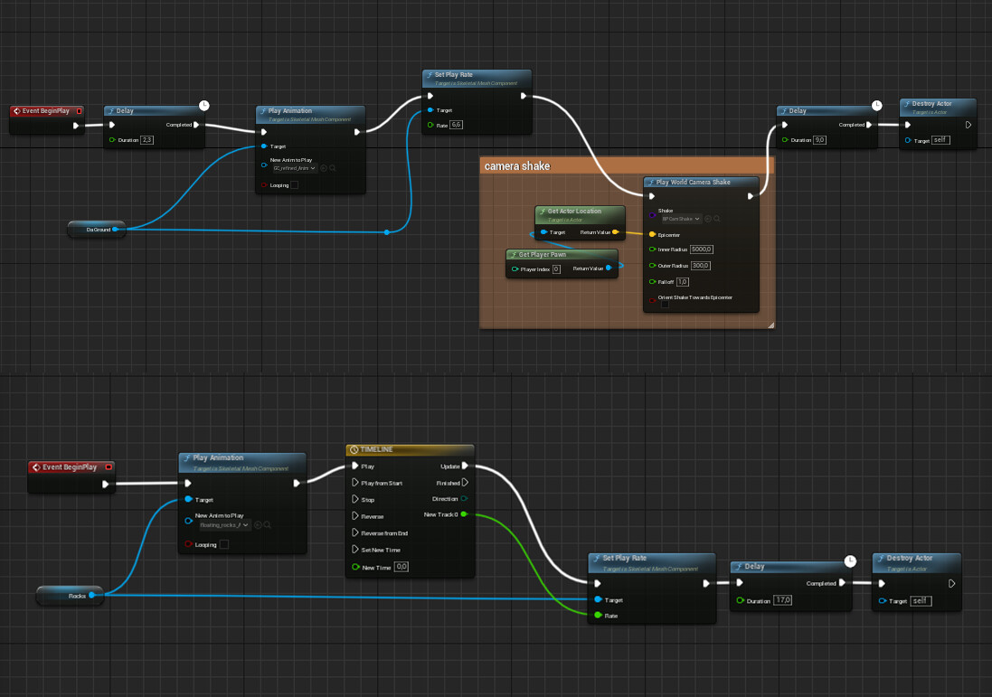 Two separate blueprints for the activation of ground-fracture animation and orbiting rocks upon spawning