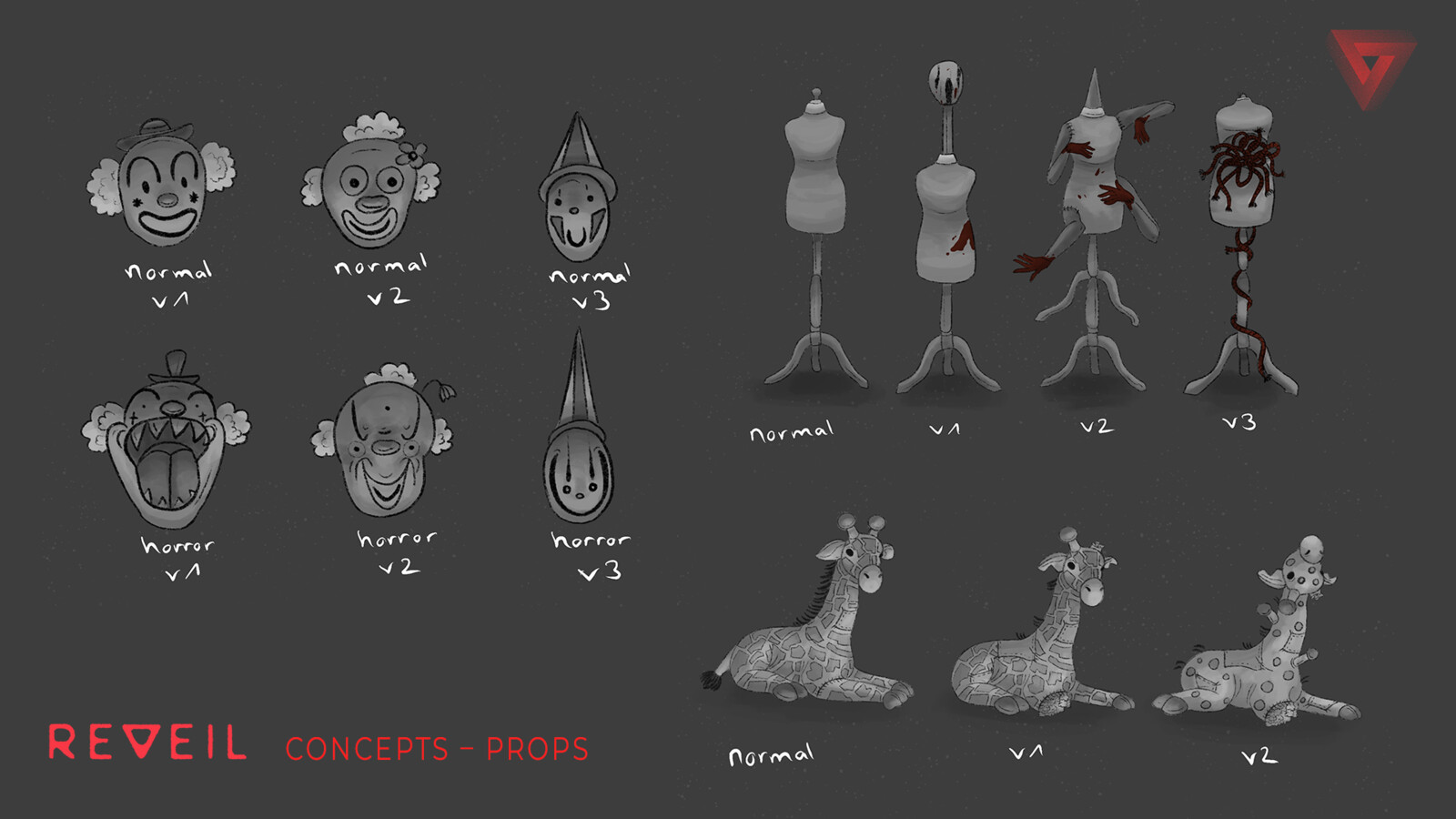 concept art for different props in normal and horror versions