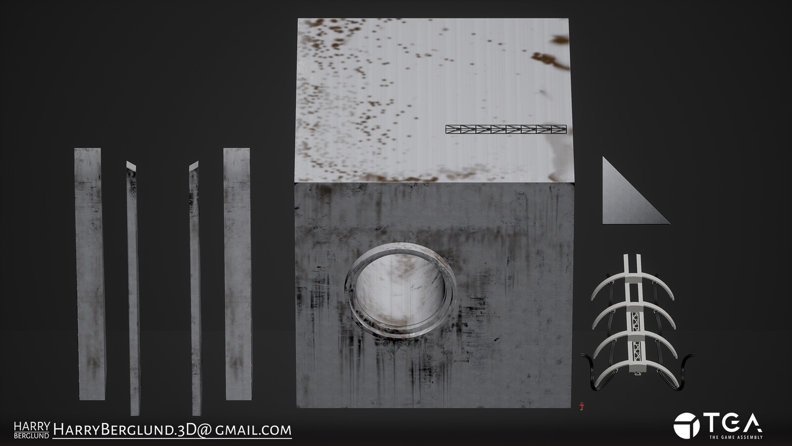 The massive pieces was a great challenge, they use a mix of world space tiling for grunge and rgb masks to detail the specific dripping grunge from surrounding pieces
