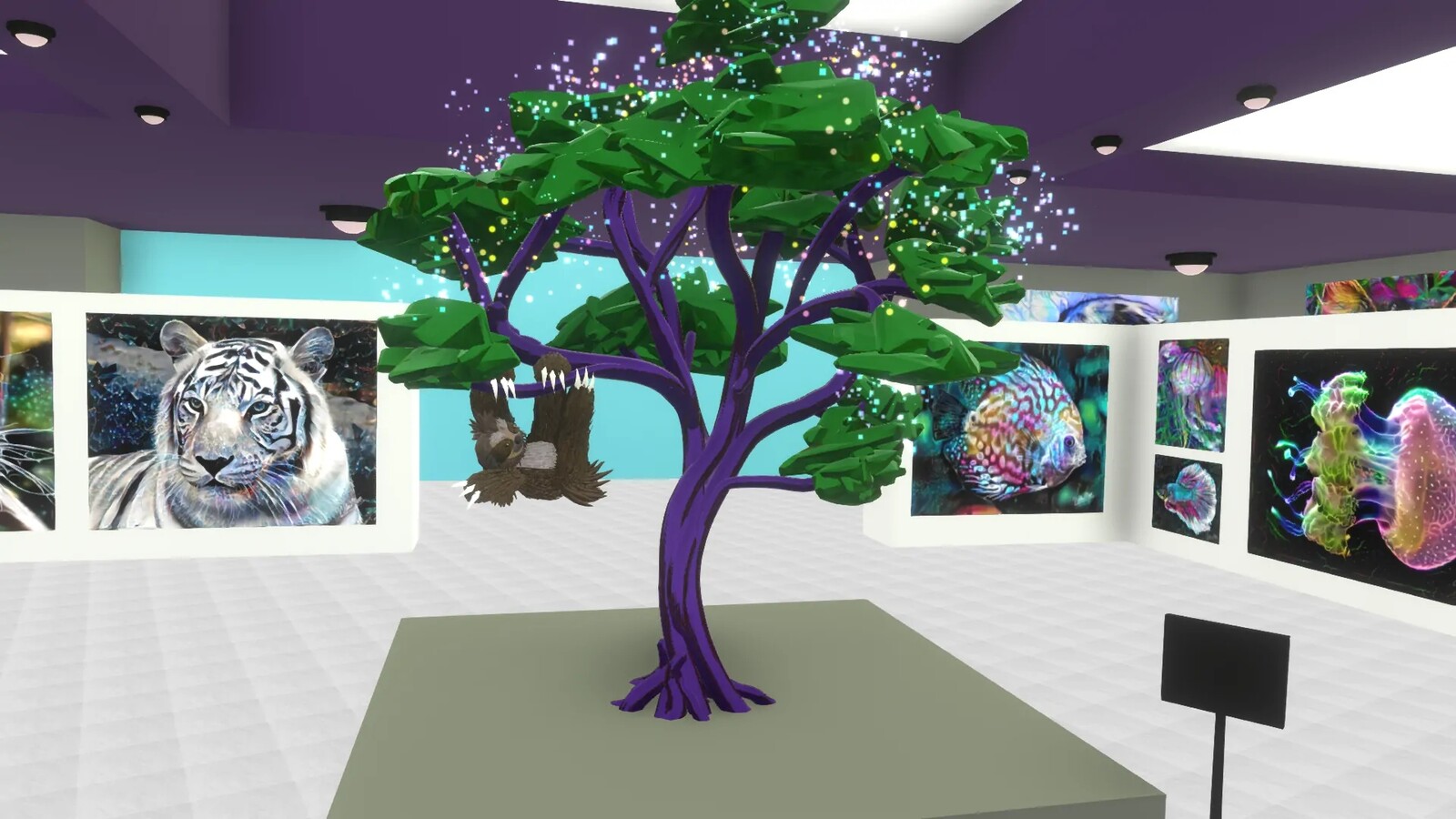 Sparkly tree with sloth in art gallery