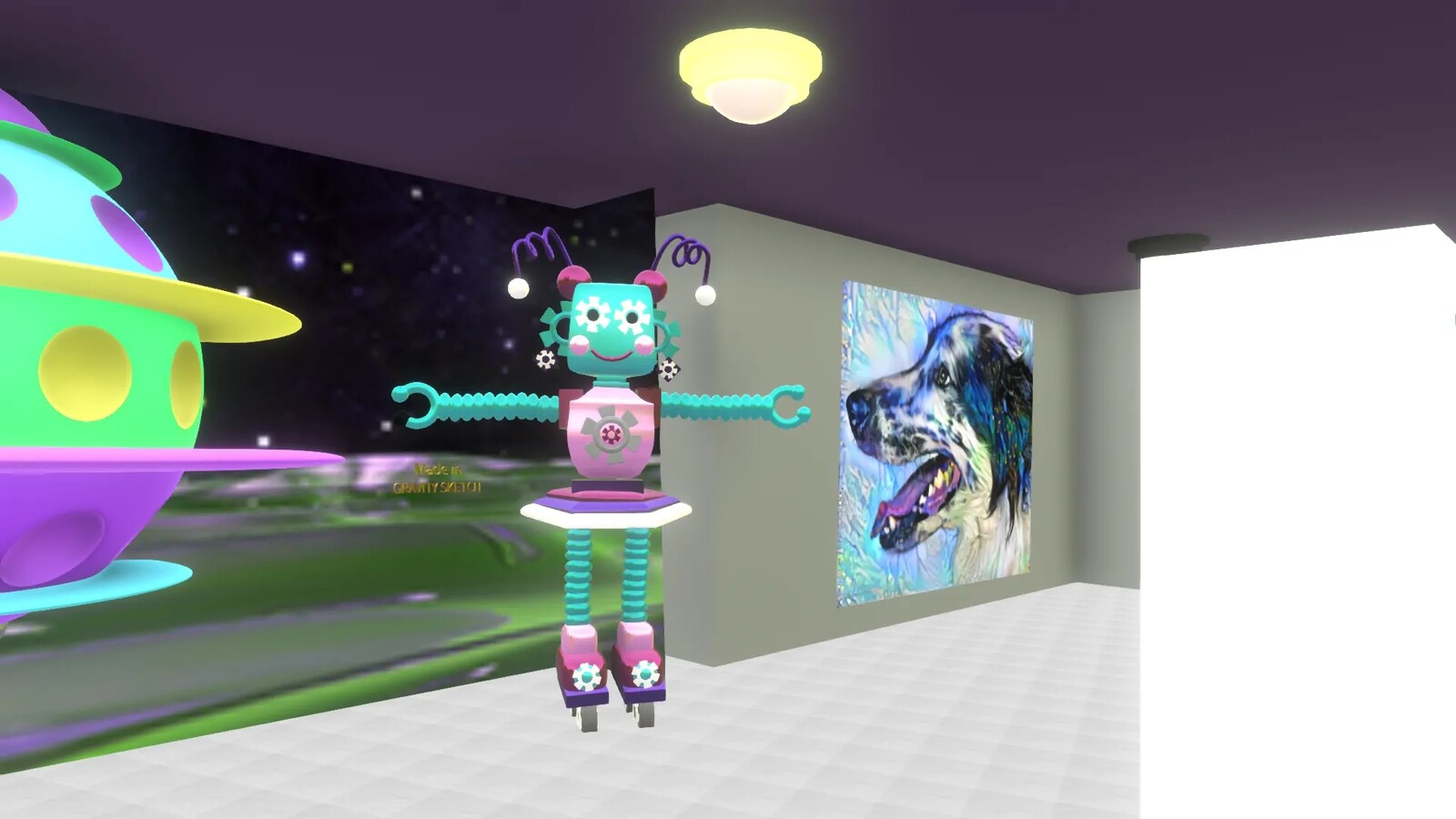 Cute robot in art gallery