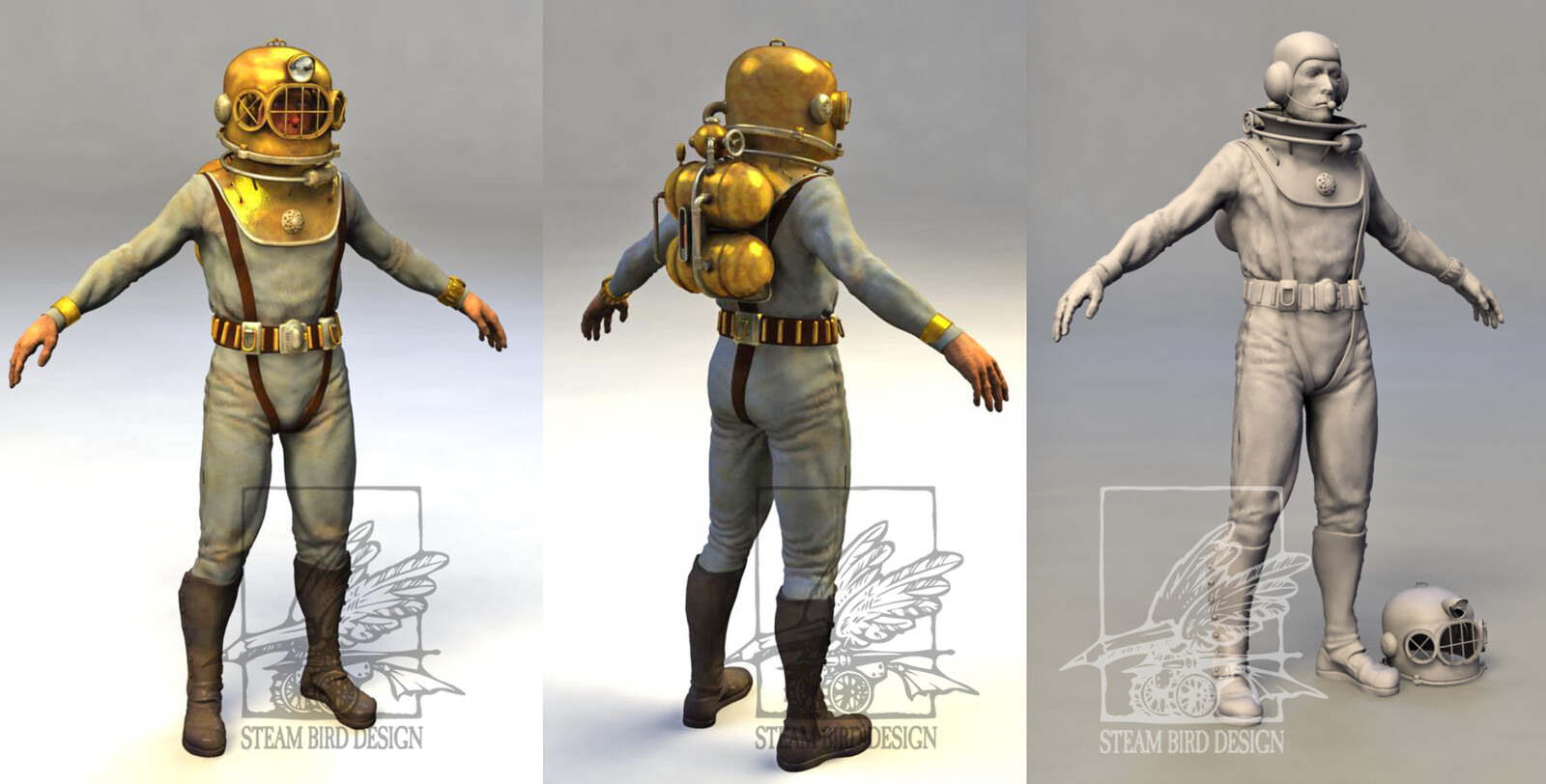 Steampunk Divers. Sculpted and modeled in Maya and ZBrush. Rigged in Maya.