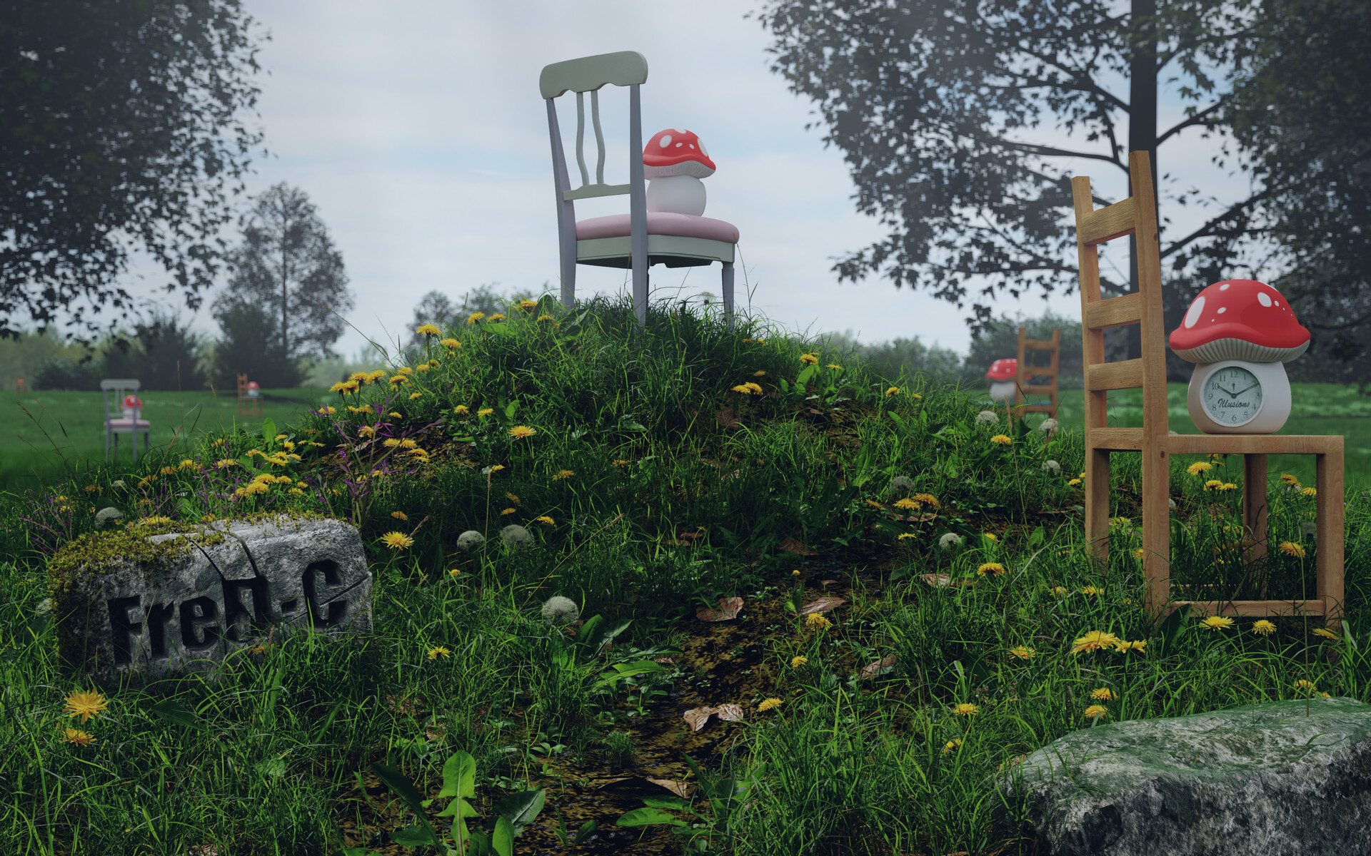ArtStation - Blender again : A stereotypical view of grass and chairs ...
