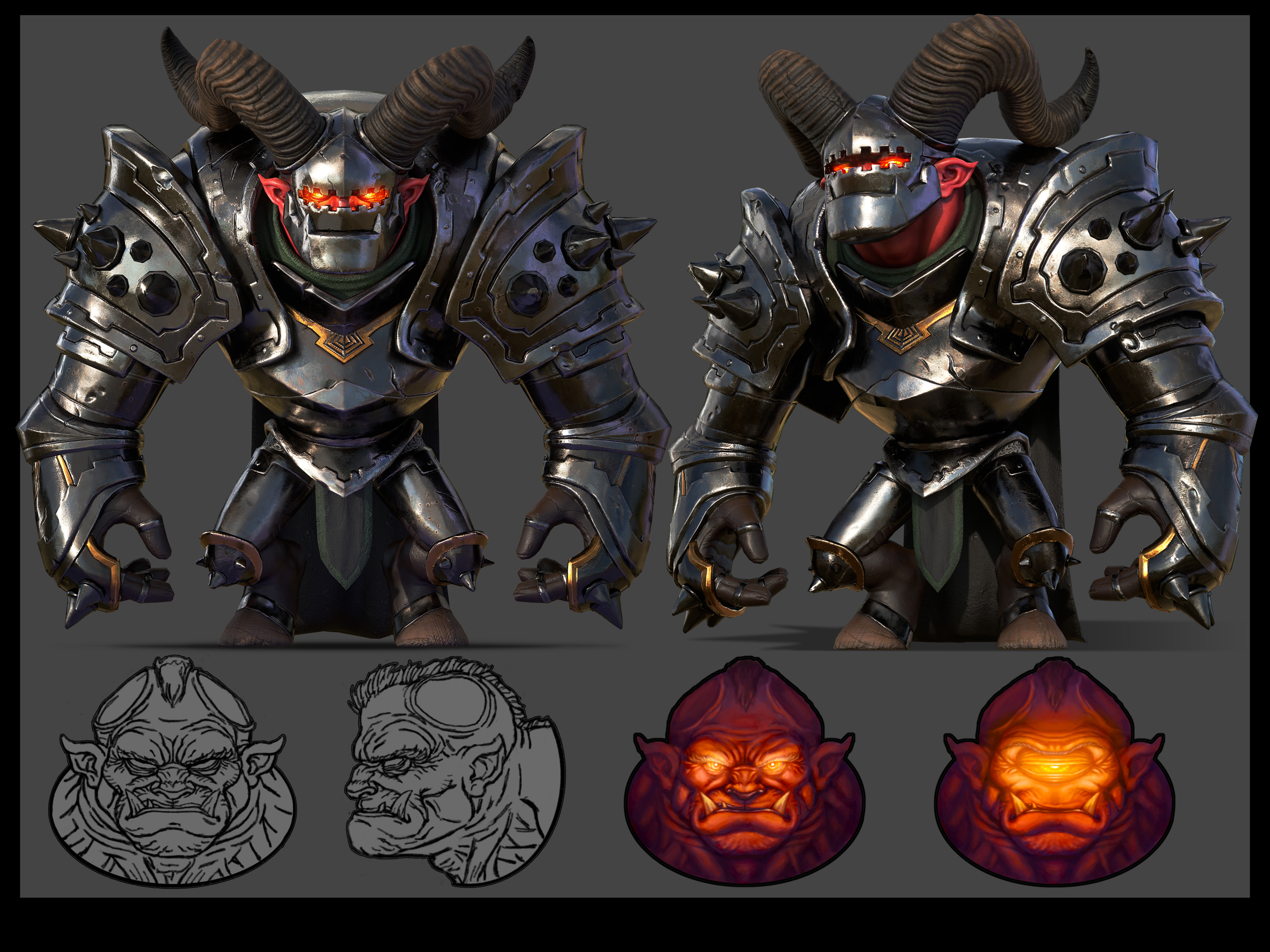 Above is the initial face designs and the final 3d model for an Orc Demon named Demortis.  The model is game ready.