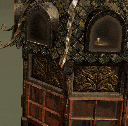For my windows I made a glass material and a cube map material for the window in the top. This way I could create an illusion of a space within the top of the tea house.