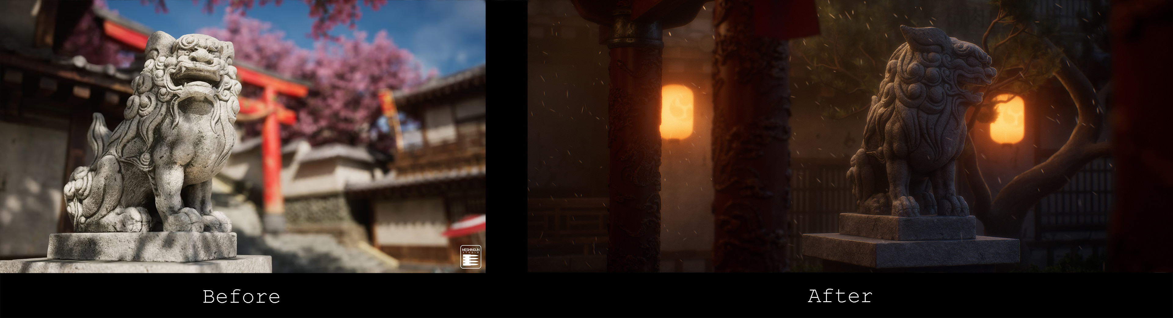 The default lighting in pack vs after relights 
