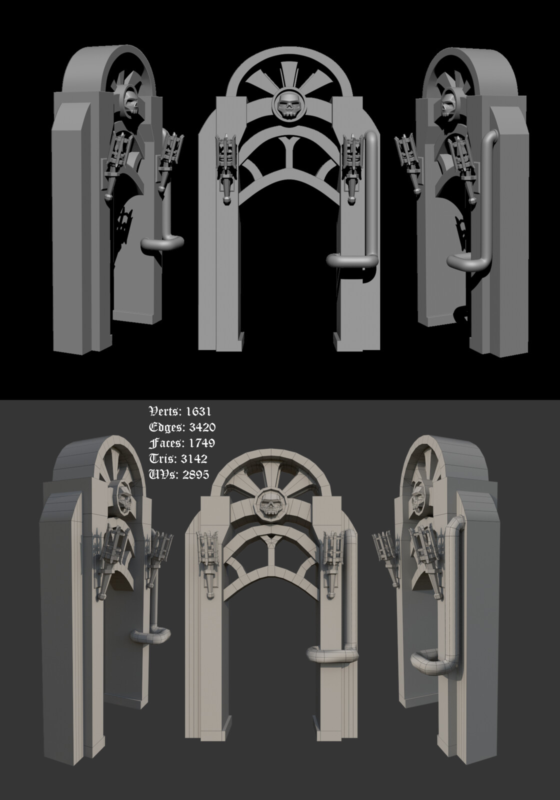 A high-poly render and a low-poly render, including the poly count of the door