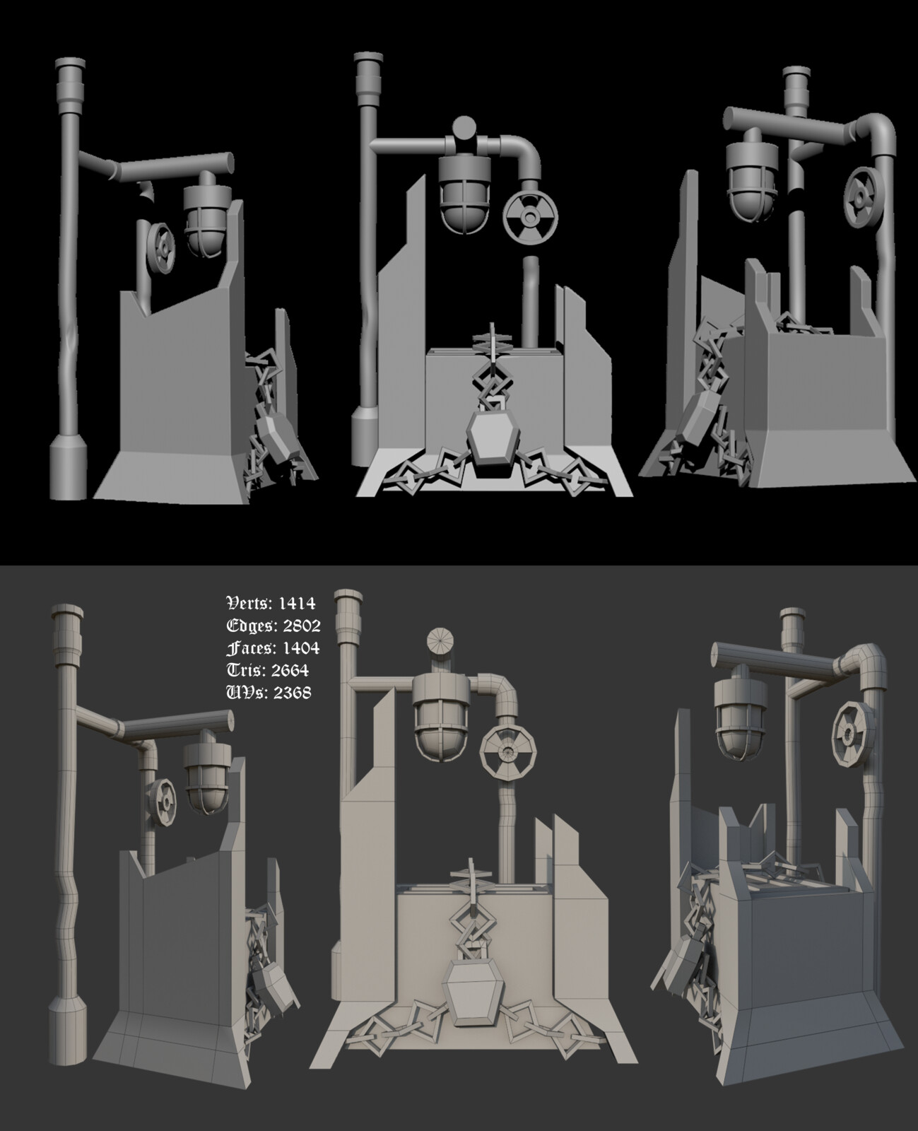 A high-poly render and a low-poly render, including the poly count of the chest.