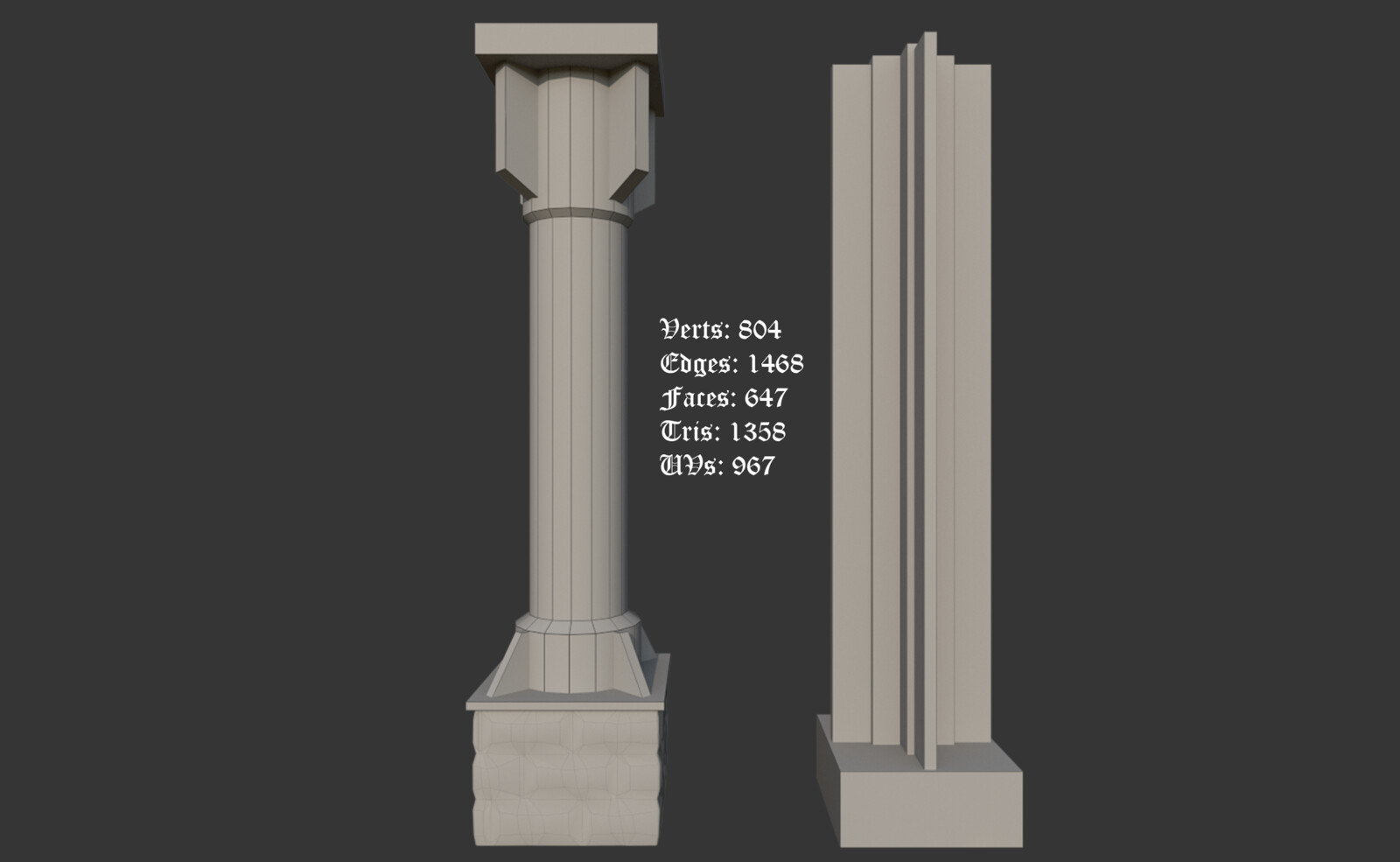 A low-poly render, including the poly count of the pillars.